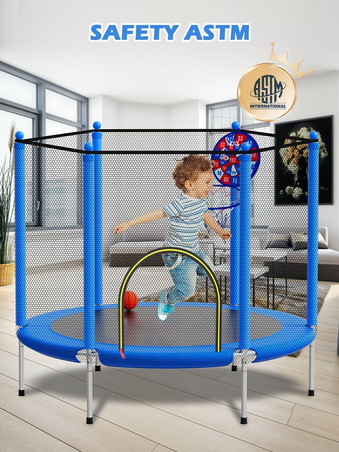 Thumbnail 1 de BLUERISE 55in 6ft Toddler Trampoline with Enclosure Net and Basketball Hoop Attachment