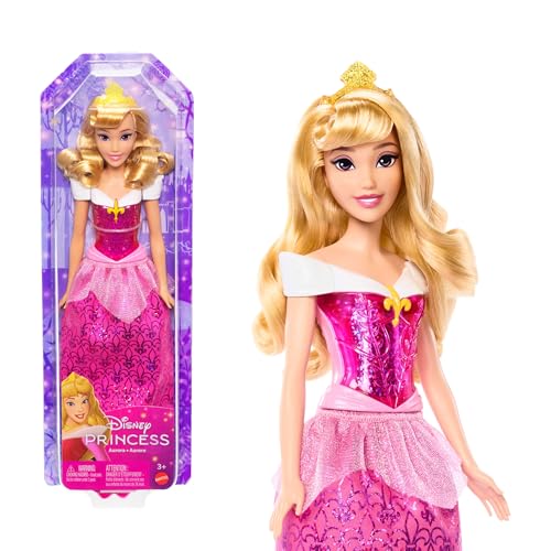 Detalle de Mattel Disney Princess Aurora: bambola snodata con capa, coroncina e accessori scintillanti (HLW09)