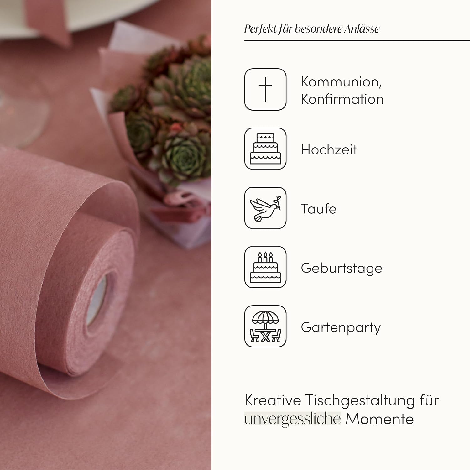 Detalle 2 de 100%Mosel Vlies Tischläufer in Altrosa / Dusky Pink (30 cm x 25 m) – dekoratives Tischband für Feste
