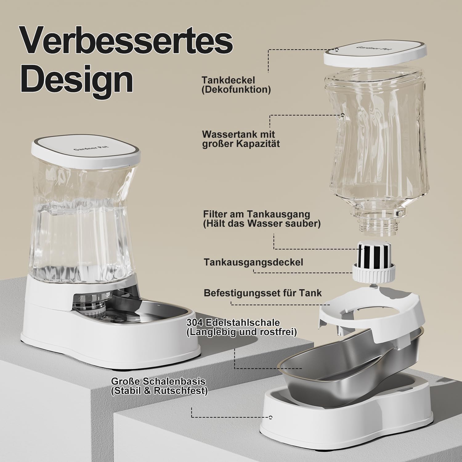 Thumbnail 2 de Gardner Pet Futterautomat Katze 3,85 L – Gravitation Wasserspender aus Edelstahl, BPA-frei, ohne Strom, weiß