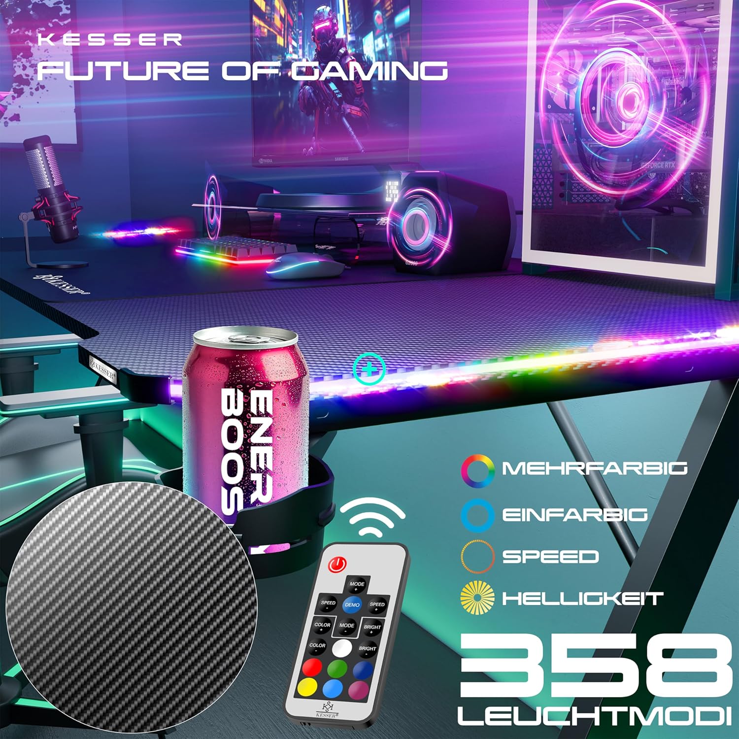 Thumbnail 3 de KESSER Gaming Tisch LED 180 cm x 80 cm – Z-Form Gaming Desk mit Kopfhörerhaken, Kohlefaser-Optik und Getränkehalter