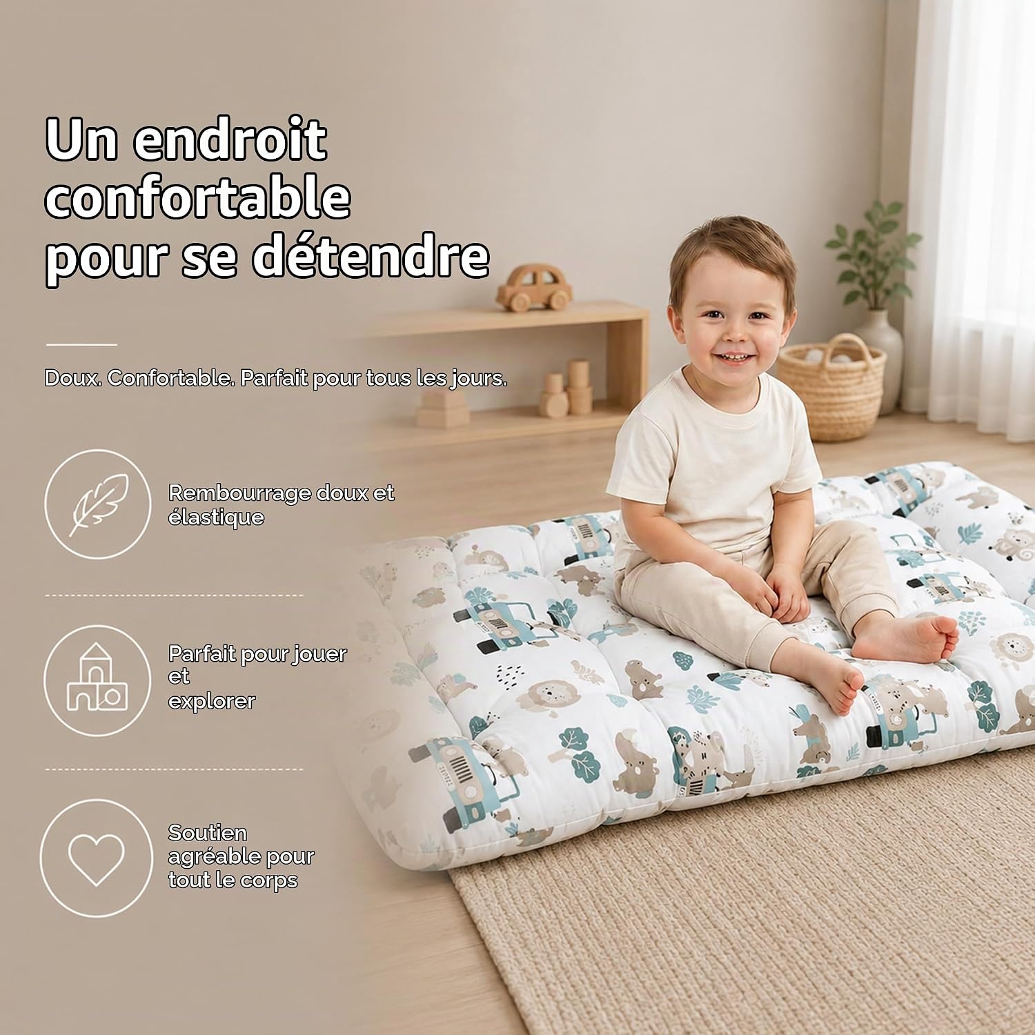Detalle 2 de Totsy Baby Montessori-boogkussen 60 x 120 cm, omkeerbaar vloermatras met giraffen