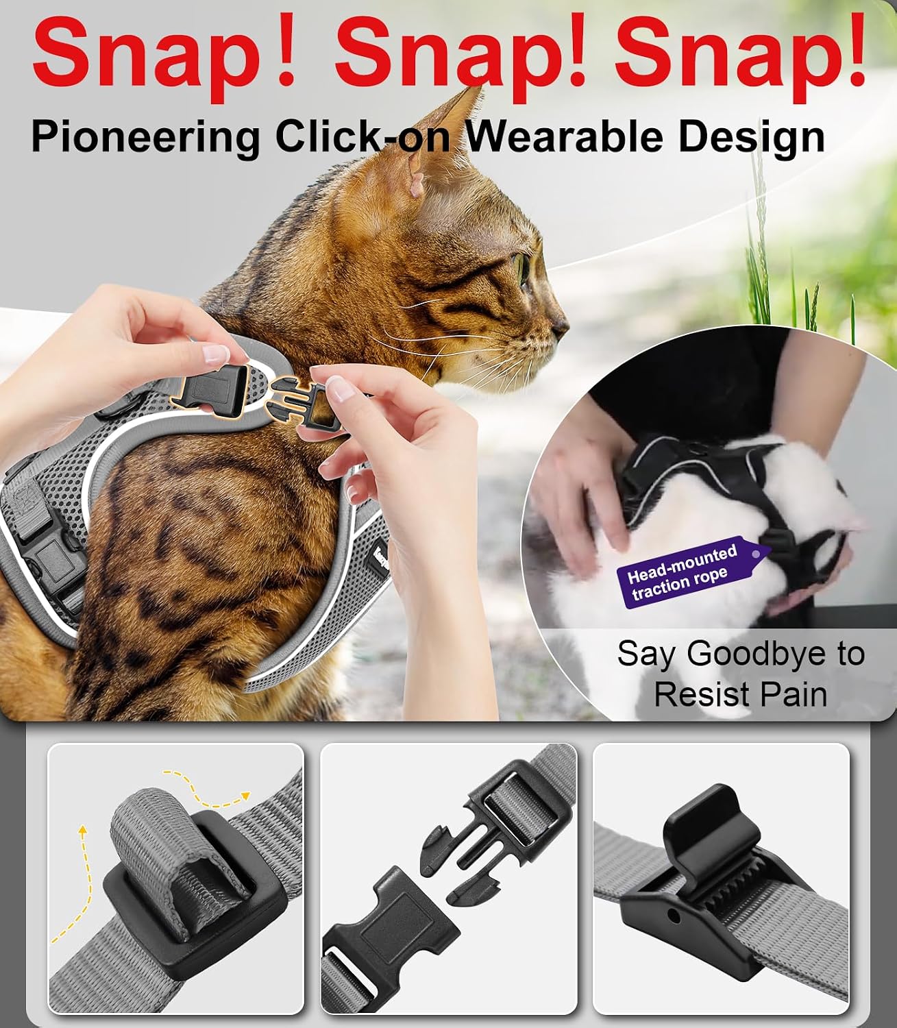 Detalle 2 de Kaazylab Kaazy Cat harness, Adjustable Grey Mesh Cat Harness for 7–12 lb Cats