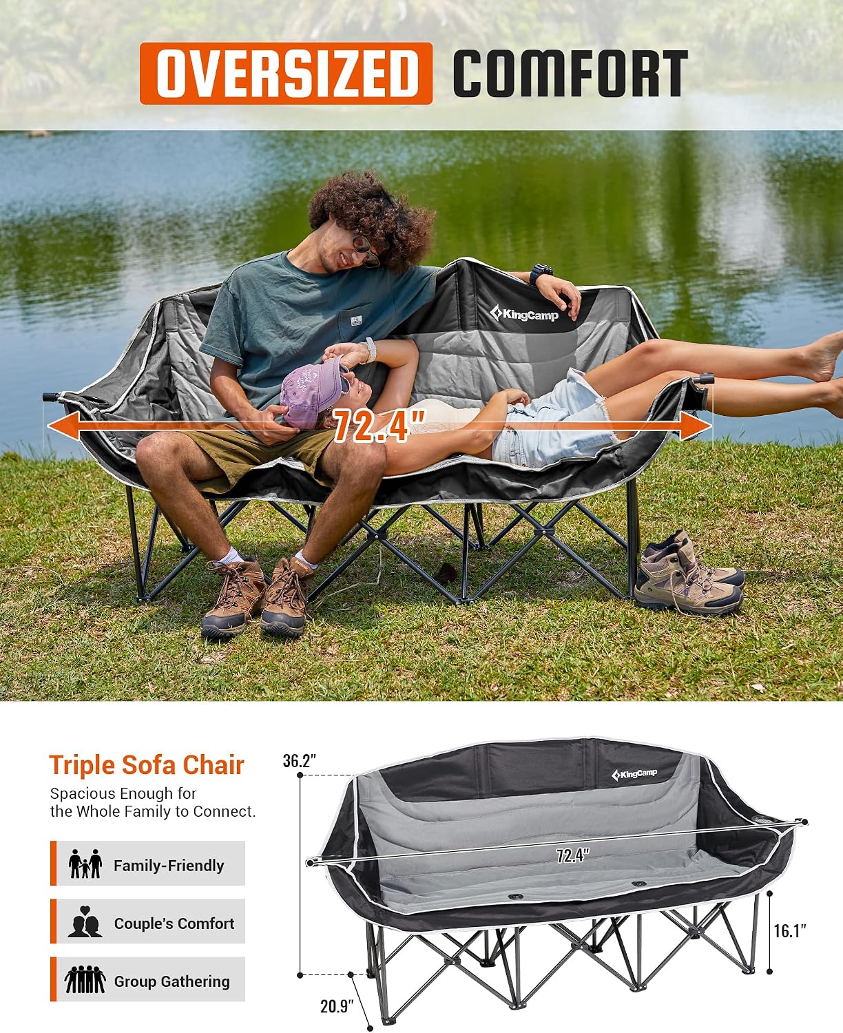 Thumbnail 2 de KingCamp 3 Person Camping Chair: Oversized Heavy-Duty Loveseat for Outdoor Comfort