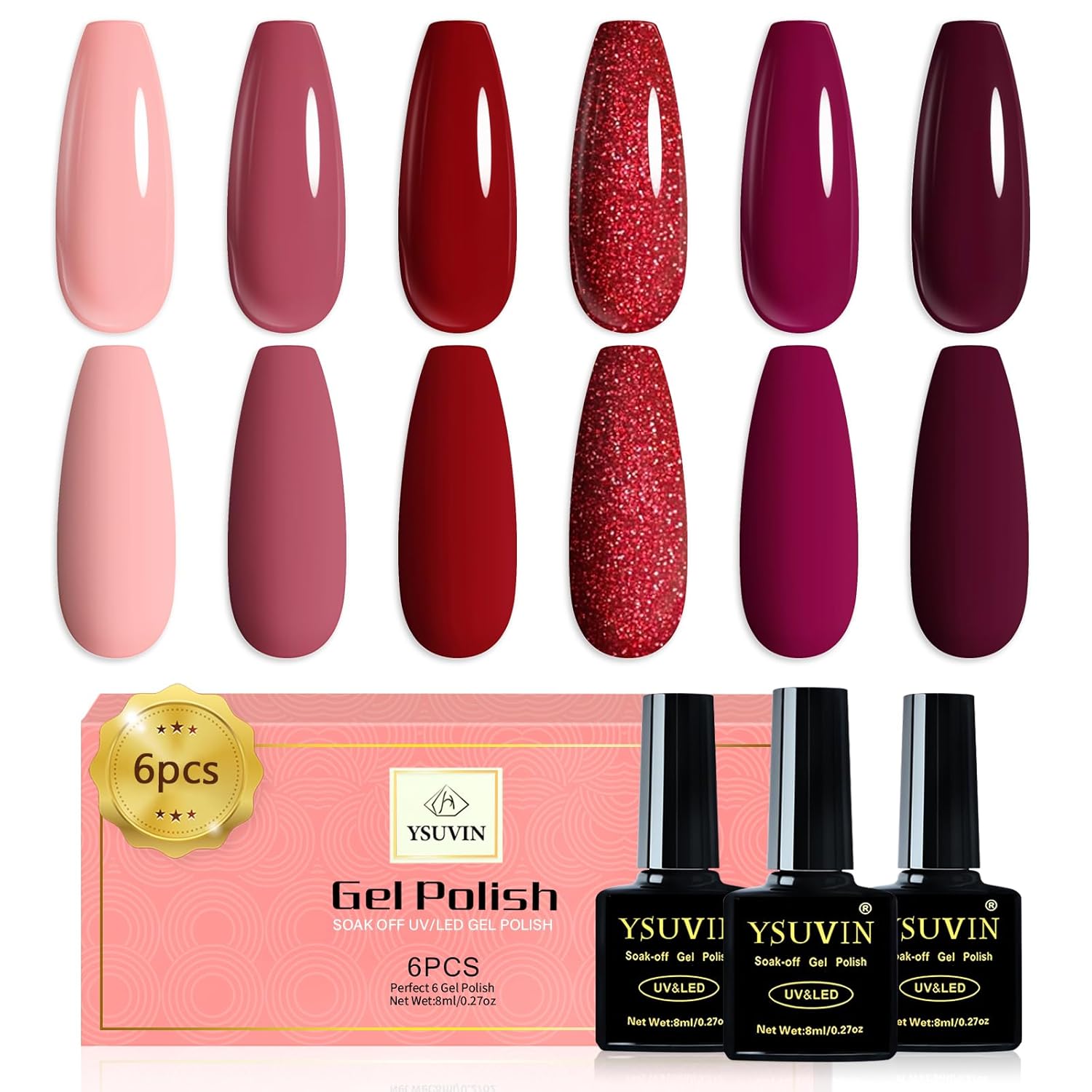 Detalle de YSUVIN UV Nagellack Rot (6 Farben) – 8 ml pro Flasche, soak-off UV/LED Gel für DIY & Salon-Look