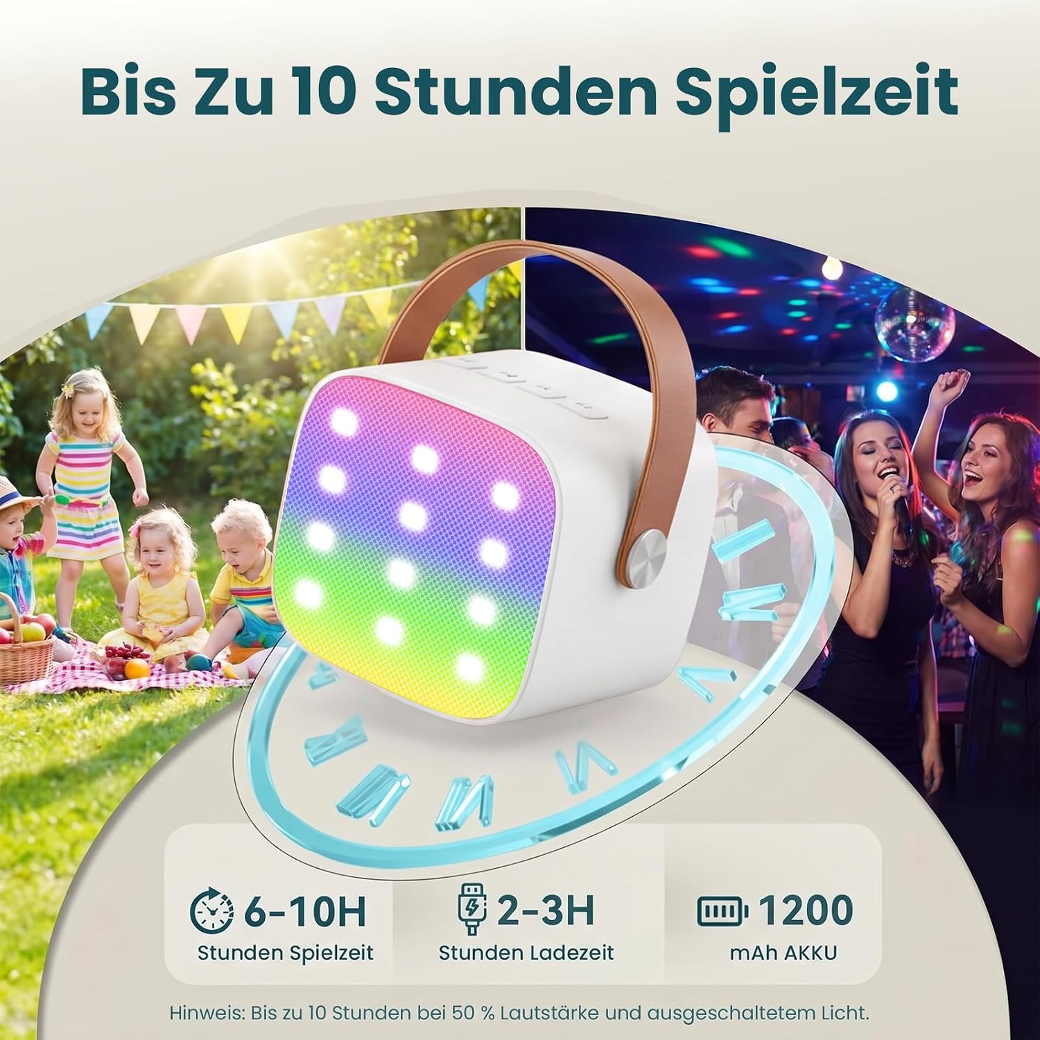 Detalle 2 de Kinder Karaoke Maschine mit Bluetooth-Lautsprecher, 2 Mikrofone, LED-Lichteffekte – Tragbare Karaoke-Box (Weiß)