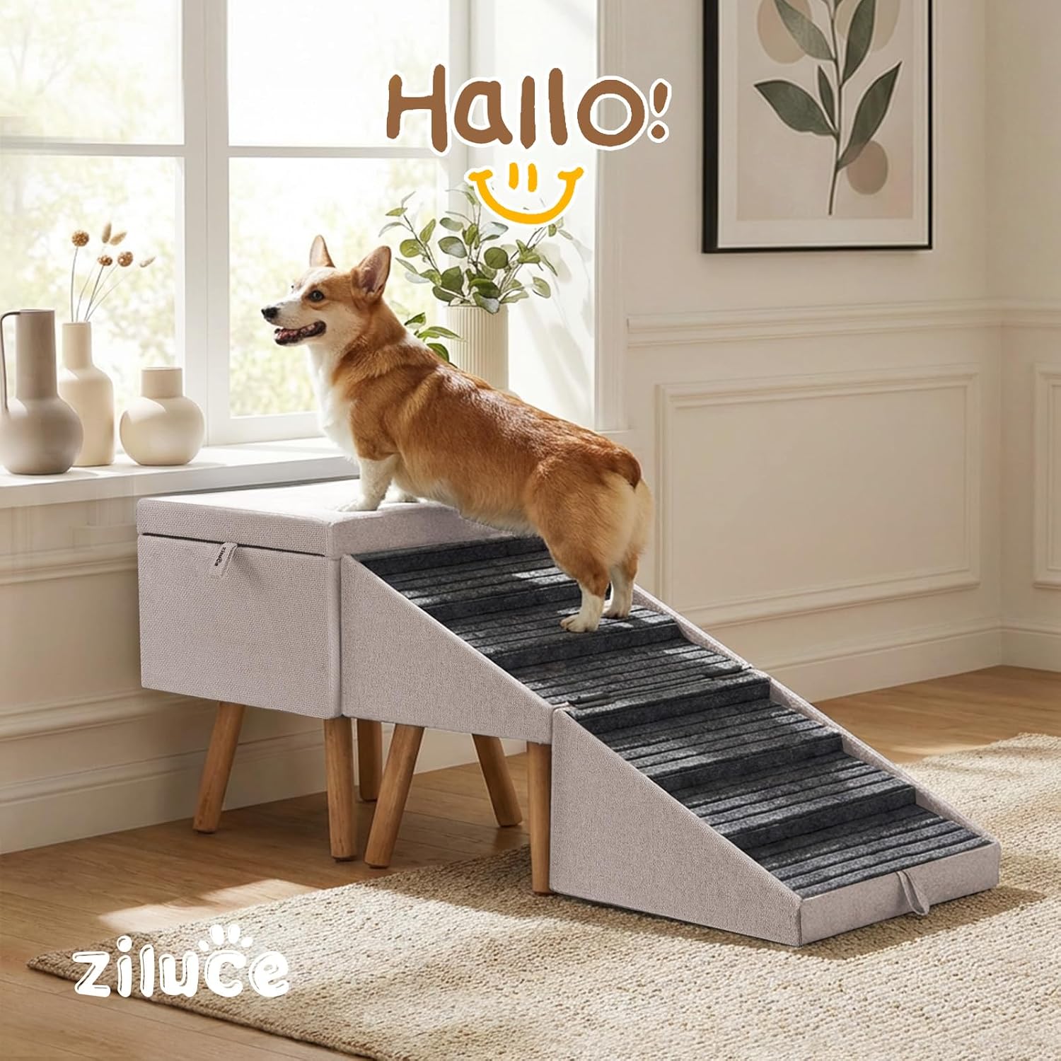 Detalle 2 de Hunderampe für Bett und Couch – 2-in-1 Holztreppe und Ottomane für kleine bis große Hunde (Aprikose, 53,5 cm hoch)