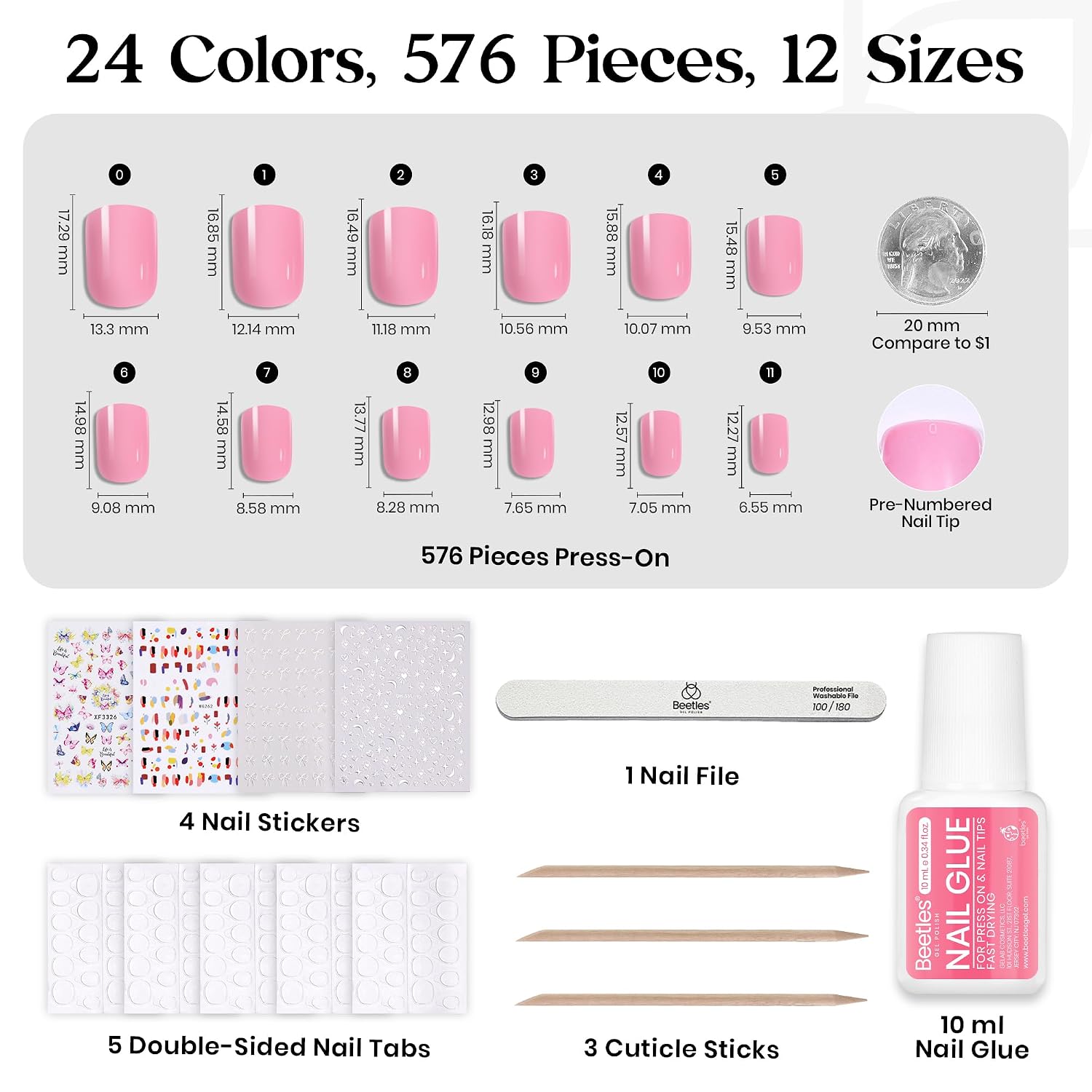 Detalle de Beetles 576-Piece Short Square Press-On Nails Kit, 24 Colors, 12 Sizes
