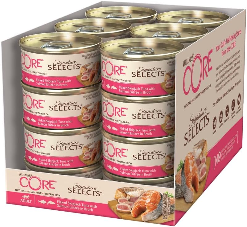 Detalle de Wellness CORE Signature Selects 24 x 79 g: Zart geflockter Thunfisch & Lachs in Brühe – Nassfutter für Katzen