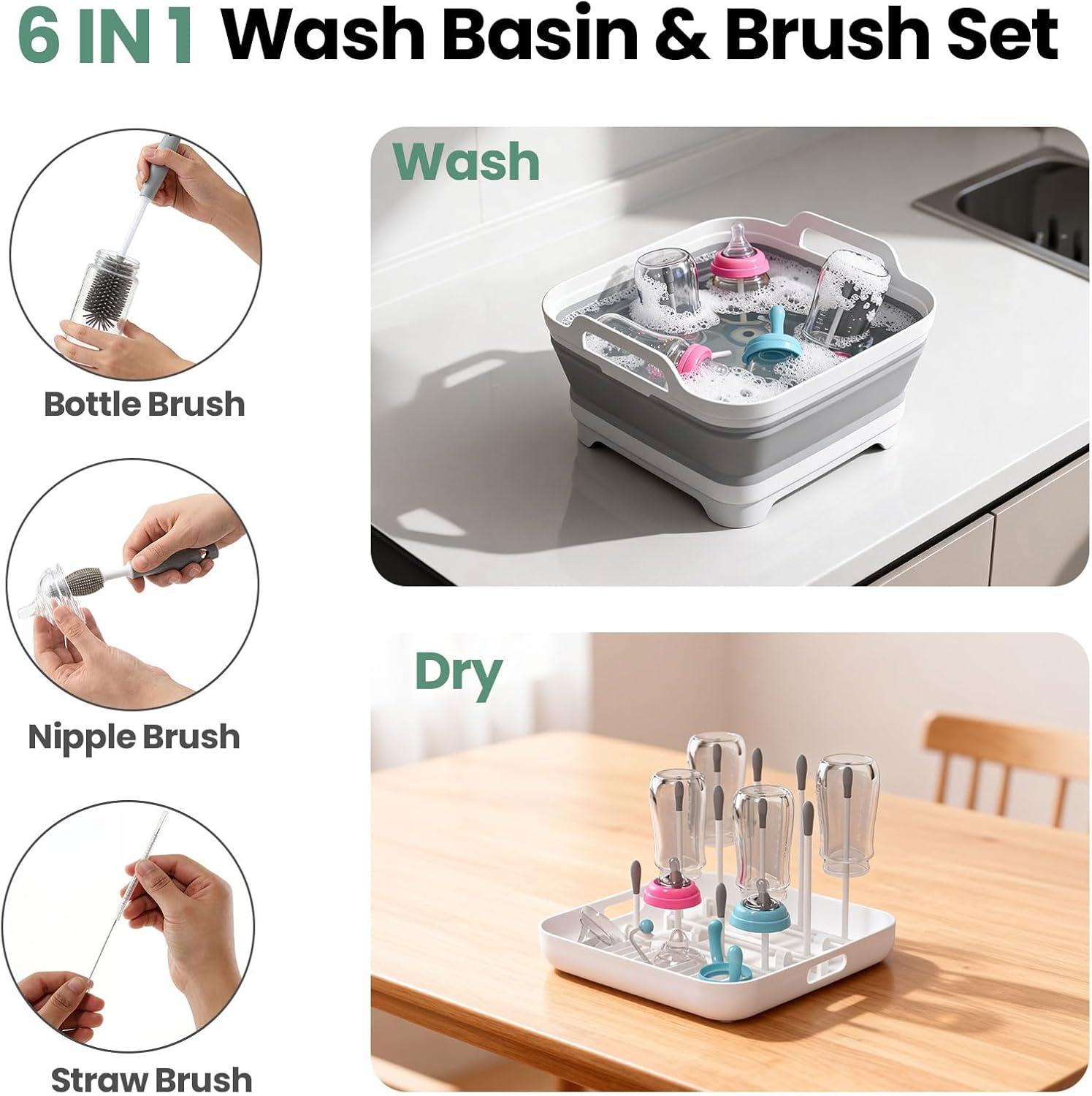 Detalle de Volnamal Collapsible Baby Bottle Wash Basin with Drain Plug and Drying Rack