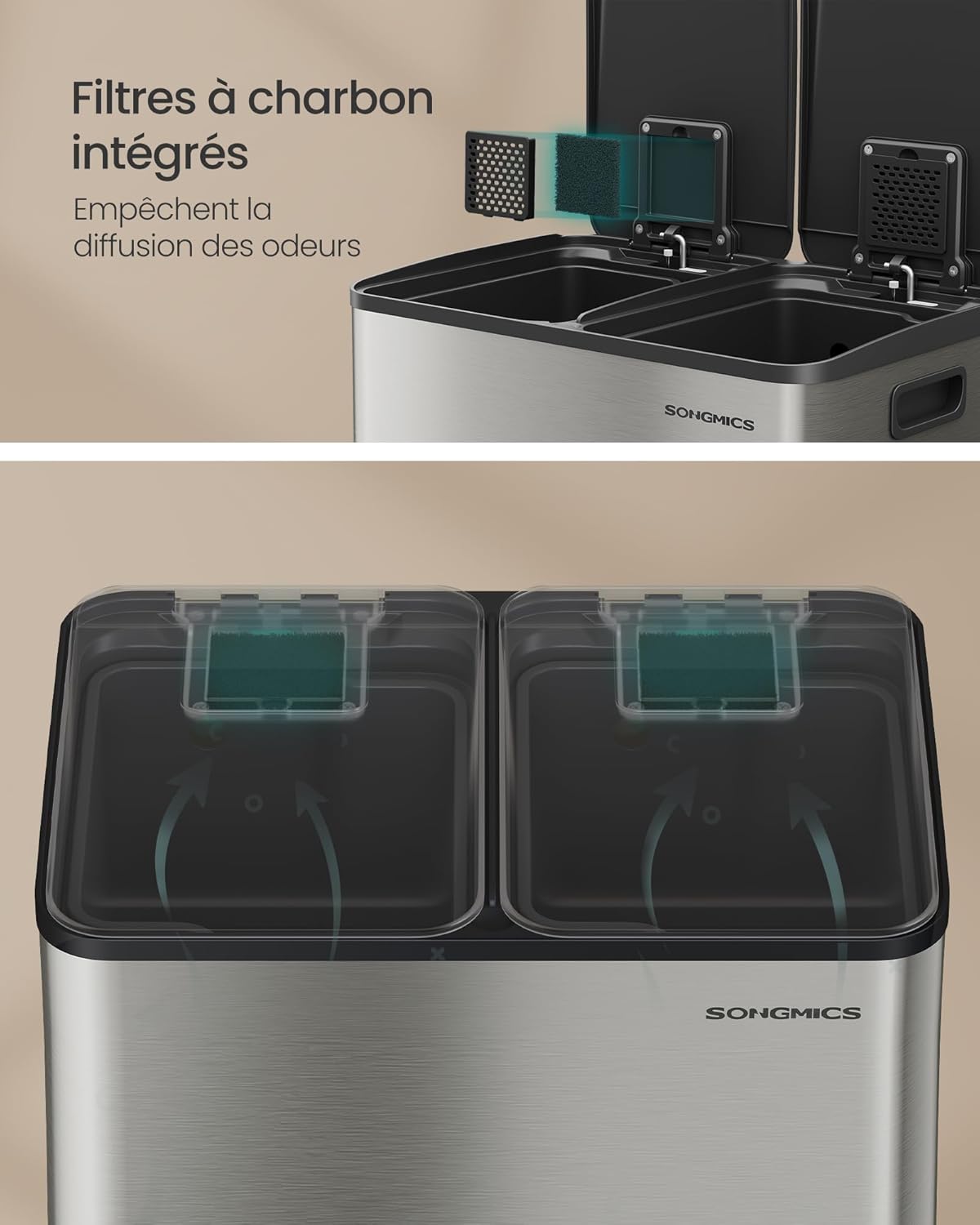 Thumbnail 3 de Songmics Poubelle de cuisine à pédale double compartiment 2 x 30 L (crème) LTB741AZ02