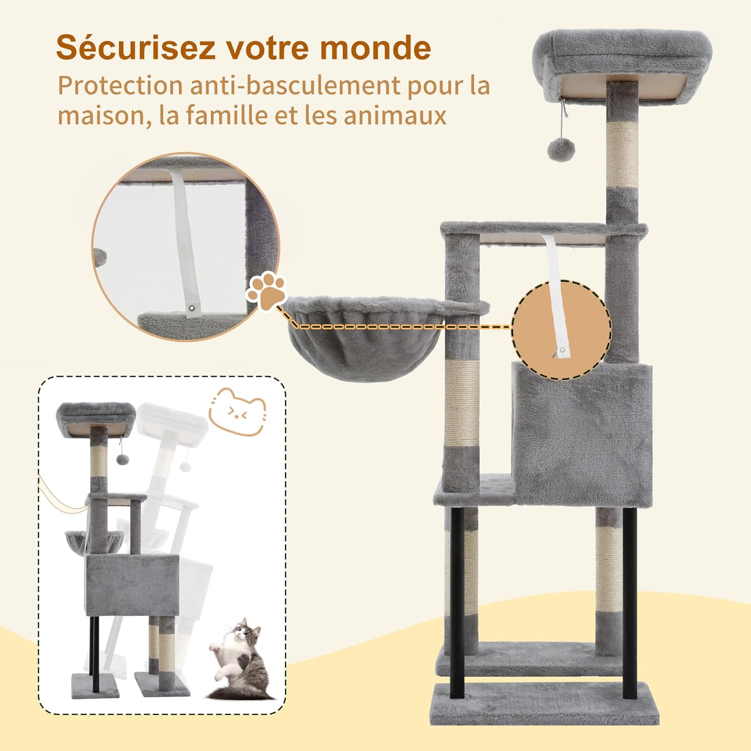 Thumbnail 6 de Heybly Arbre à chat HCT200SW gris clair : petit arbre rascador avec niche et plateformes