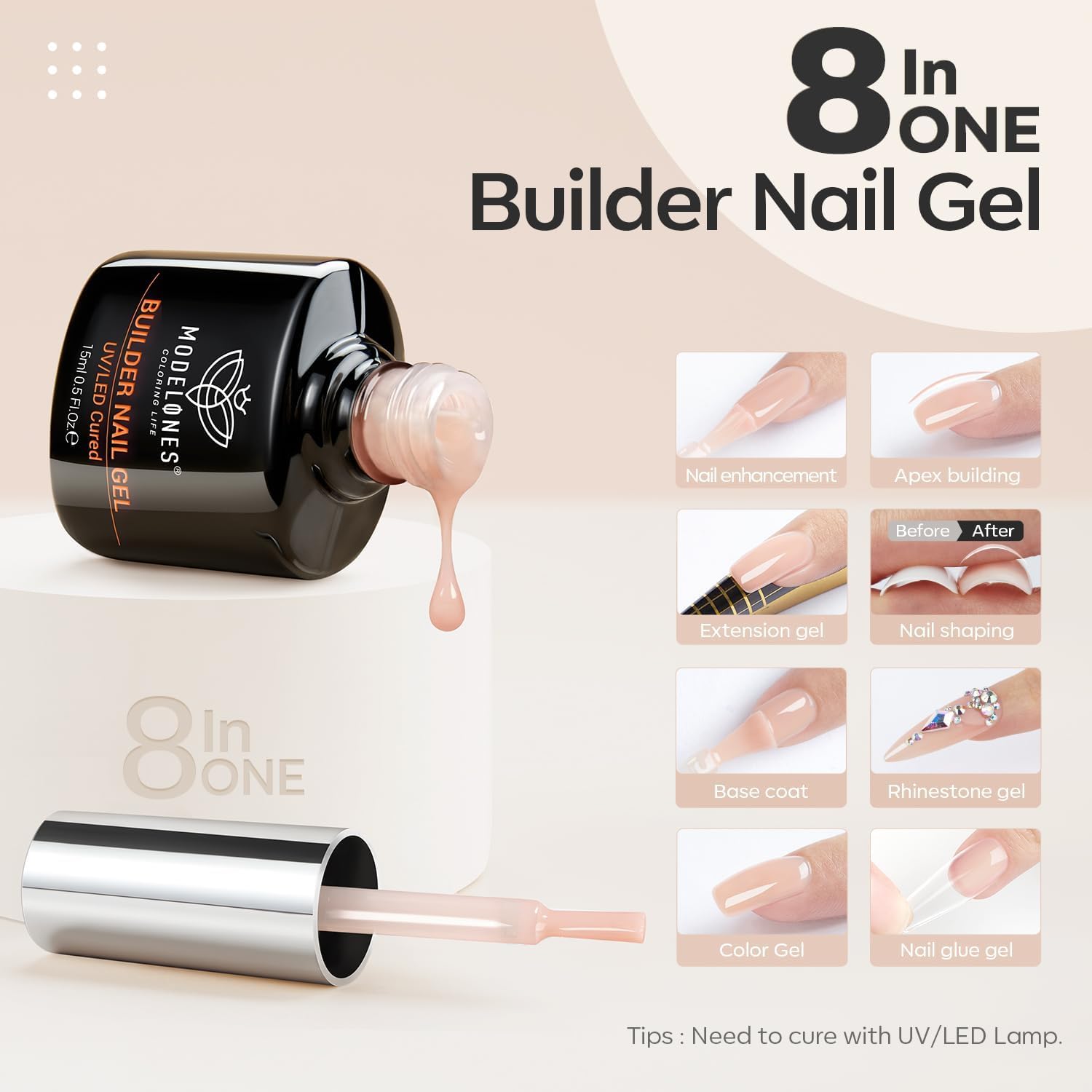 Detalle 2 de modelones Gel Constructor UñAs 8-in-ONE buildergel voor sterke nagels, beige, 15 ml