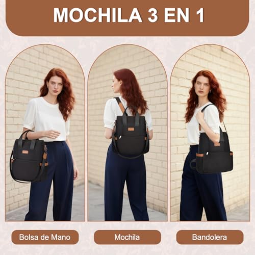 Detalle 2 de Eshow Mochila antirrobo 3 en 1 para mujer, negra, de nailon 290D