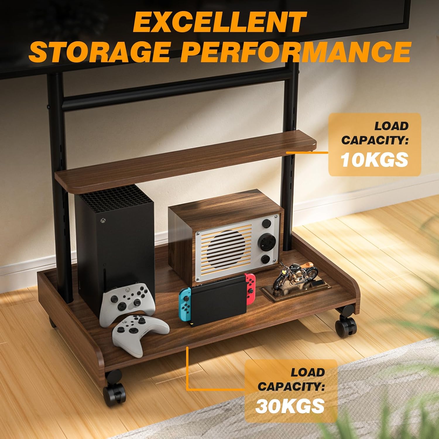 Thumbnail 4 de TVON Support TV sur pied roulant réglable (40 à 86 pouces) avec étagère et base en bois