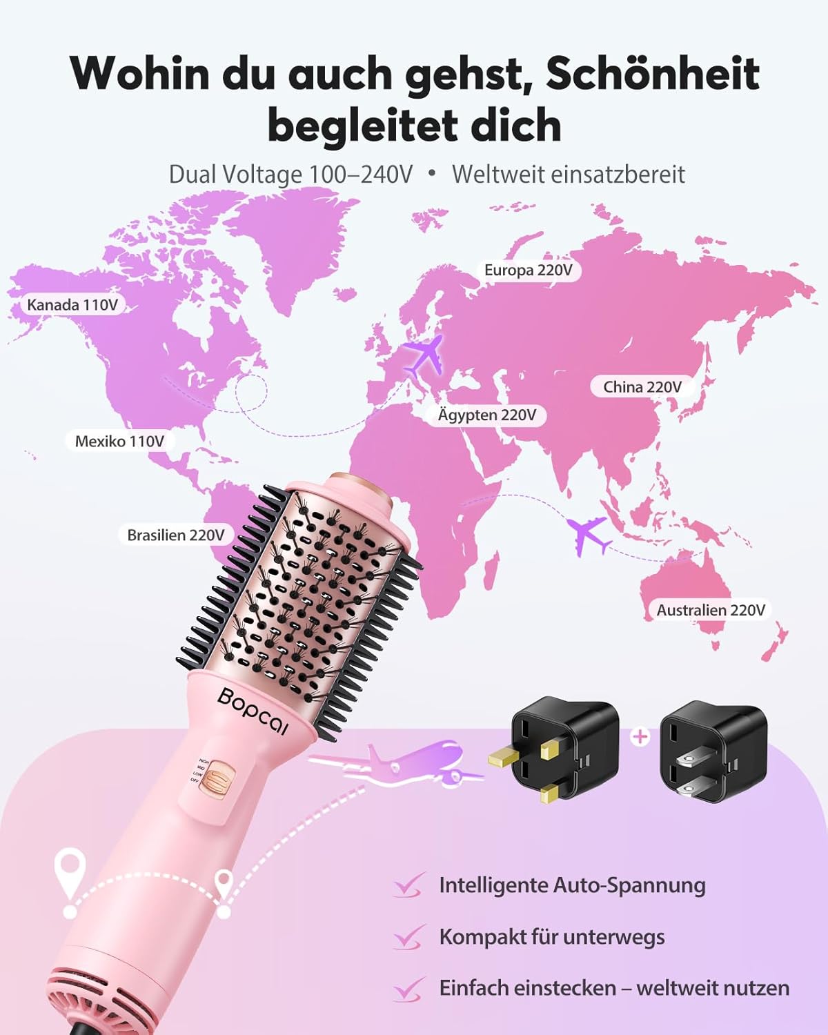 Thumbnail 1 de Bopcal Mini Warmluftbürste 4-in-1 – Ionen Föhnbürste mit Dualspannung für Volumen & glatte Haare