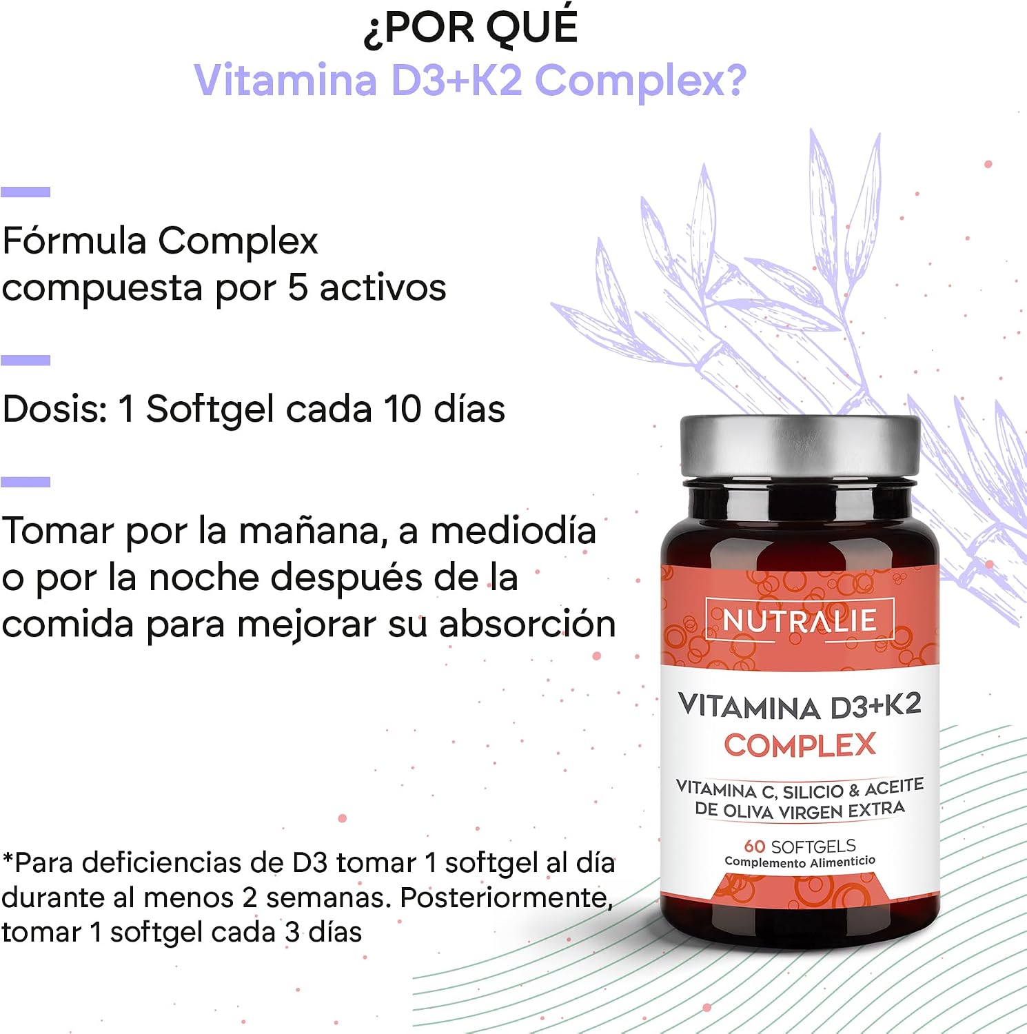 Detalle de NUTRALIE Vitamina D3 y K2 10000 UI 60 softgel
