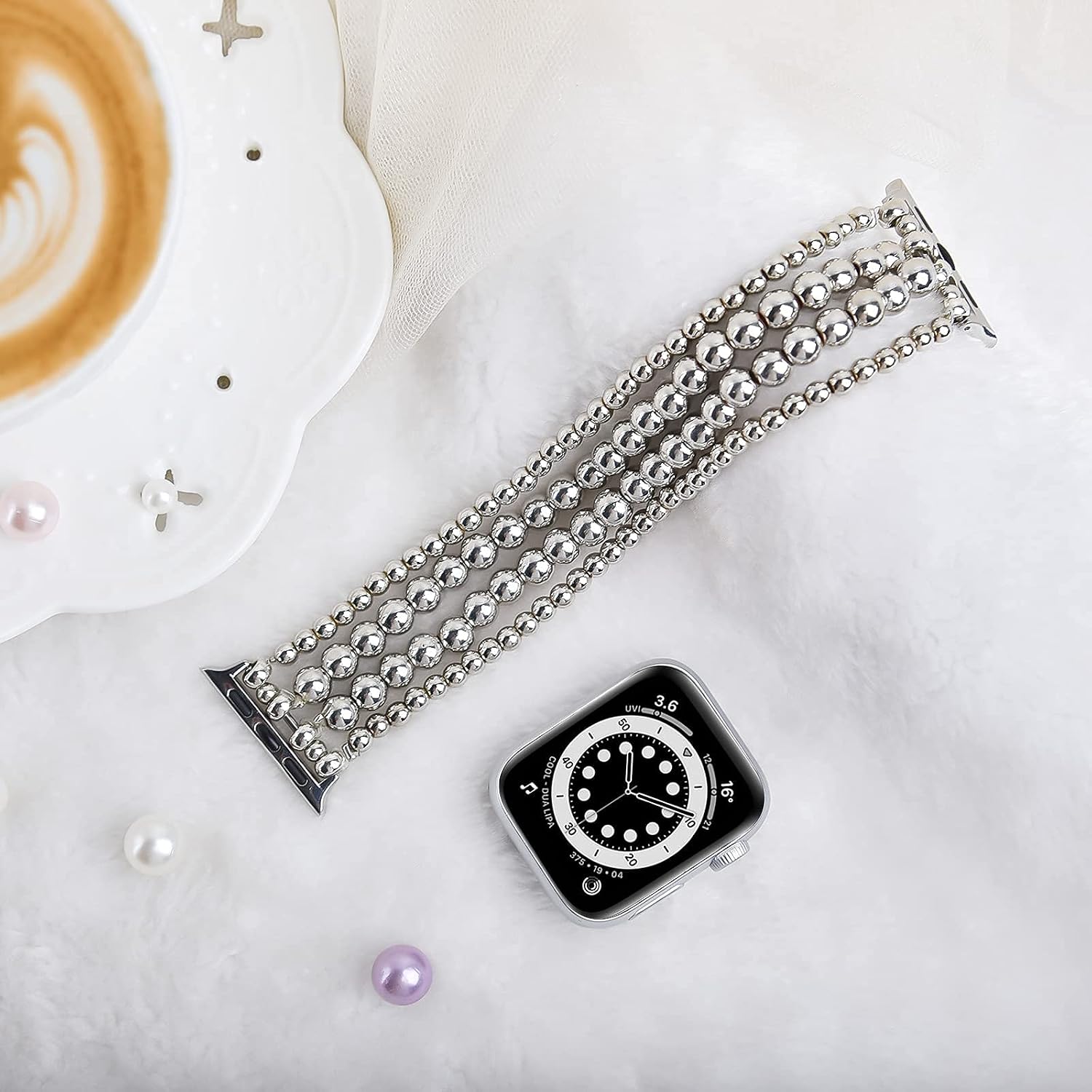 Detalle 2 de MOFREE C-AP38-YZ-SL Beaded Apple Watch Band, Silver Stretch Bracelet