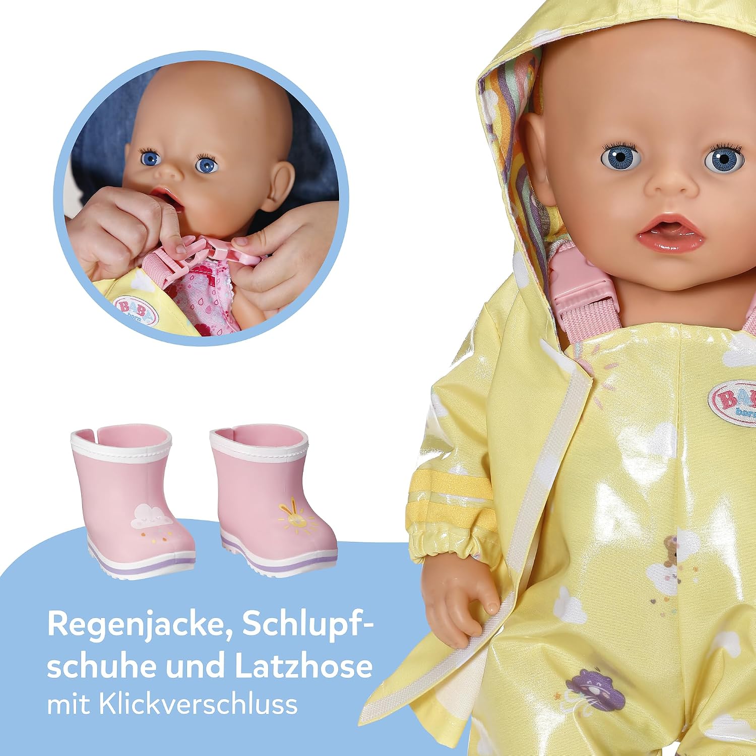 Detalle de Baby Born Regen-Outfit: Regenmantel, Regenhose und Gummistiefel für 43 cm Puppen