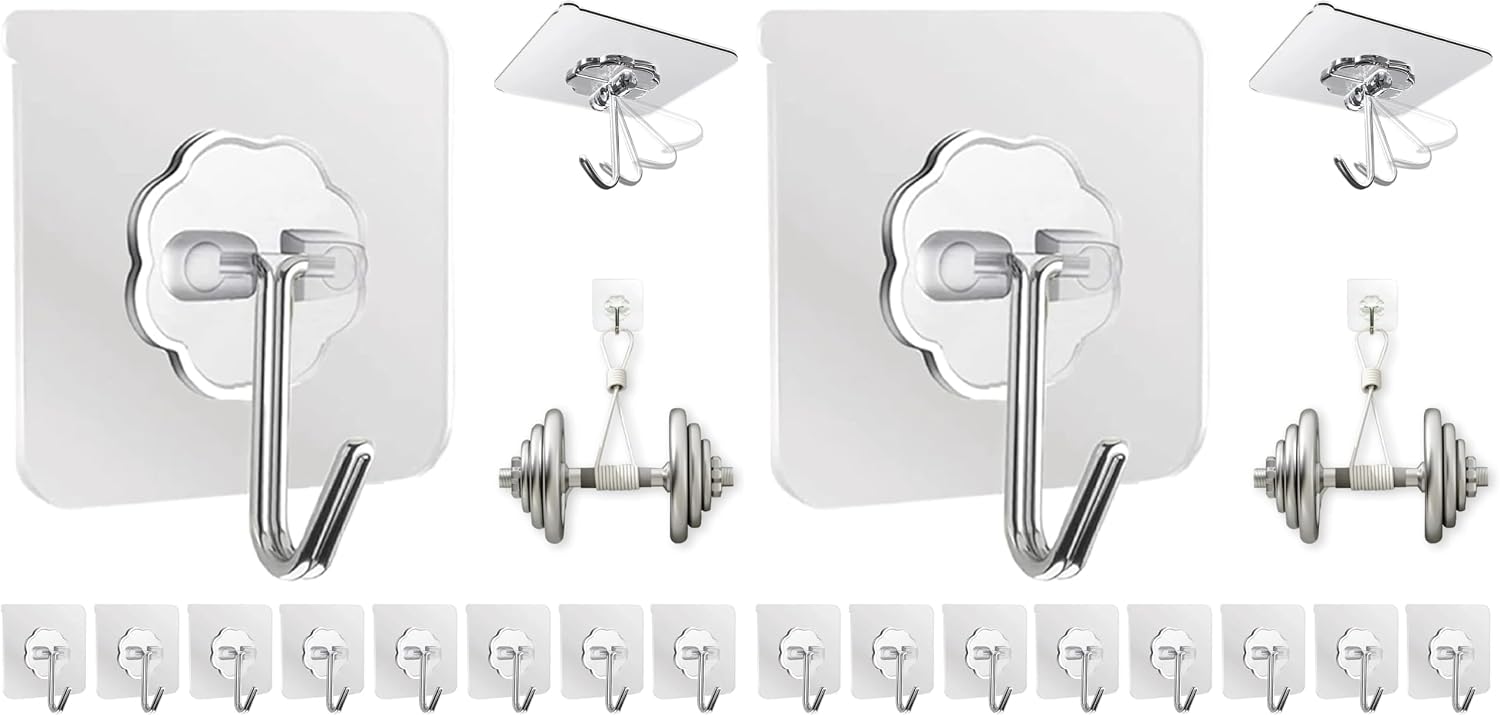 Thumbnail 6 de Adhesive Wall Hooks (50 lb) Heavy-Duty Clear Hooks, Stainless Steel + PVC, 10-Pack
