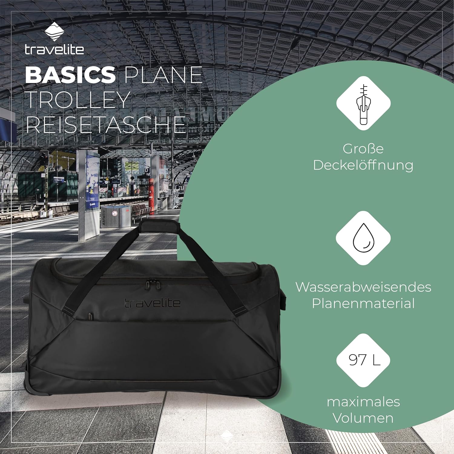 Detalle de Travelite Trolley Reisetasche mit Rollen – wasserabweisendes Allround-Softbag, 98–119 L