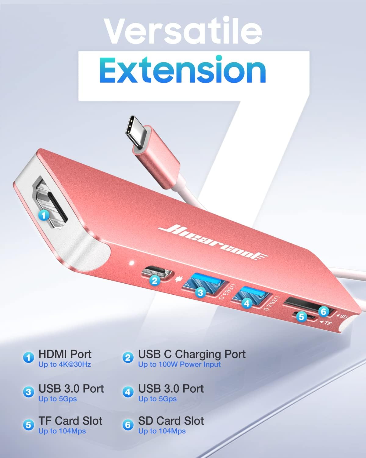 Detalle 2 de Hiearcool UCN3286 7-in-1 USB-C Hub, Rose Gold, 4K HDMI and 100W PD