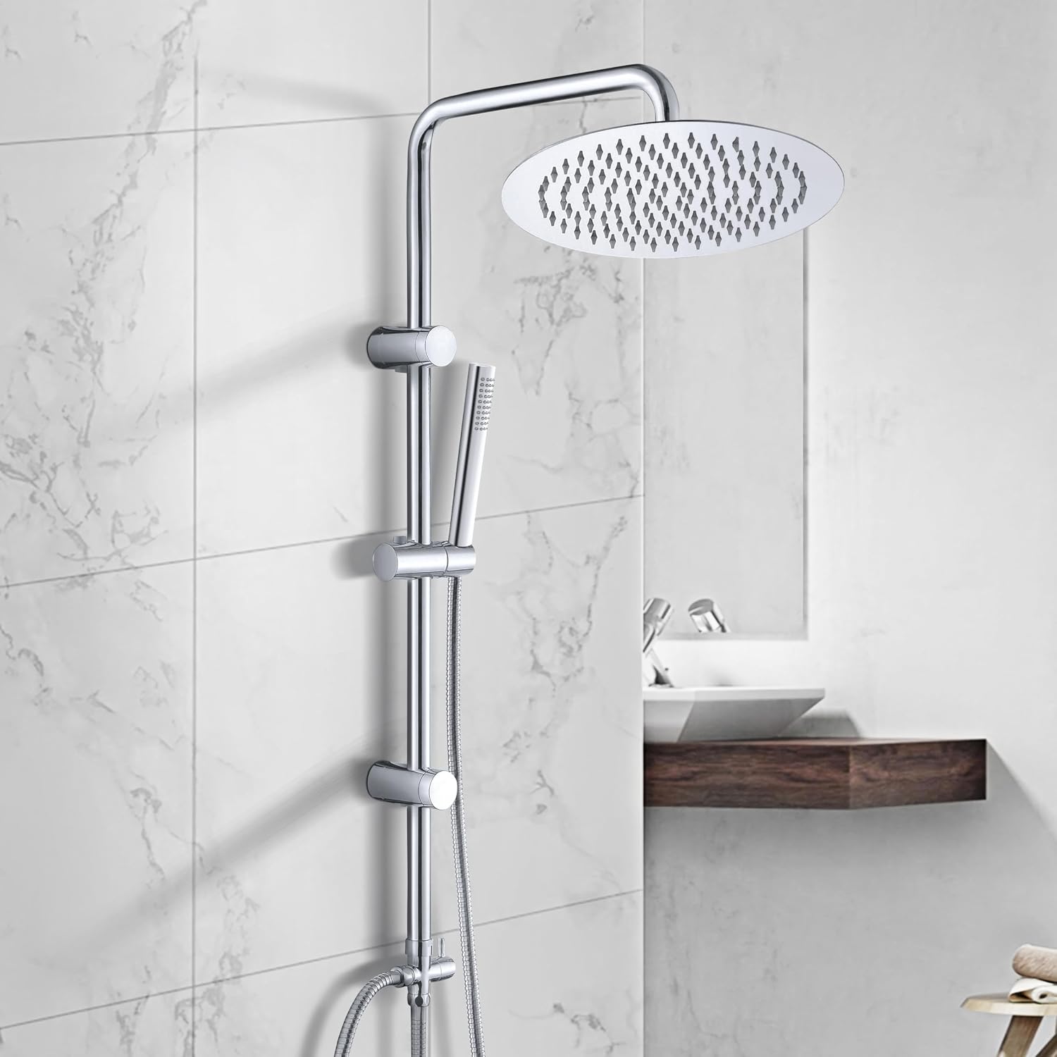 Detalle de Görbach Colonna Doccia in Acciaio Inox Senza Miscelatore, 92 cm, Soffione Vapore 25 cm e Doccetta a Mano