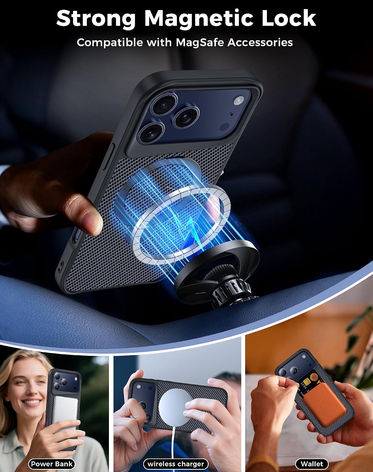 Detalle de Enlafavo 360° Ring Stand Case for iPhone 17 Pro Max — Carbon Fiber, MagSafe Compatible, 15FT Drop Protection