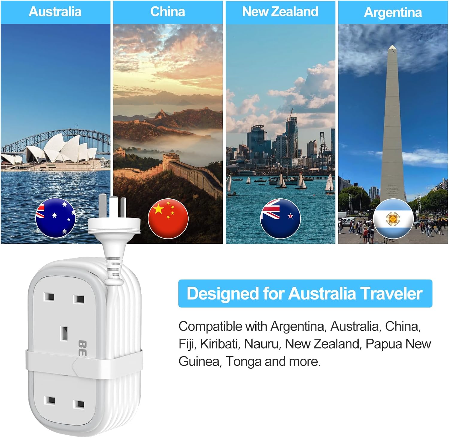 Detalle 2 de UK to Australia Plug Adapter with 1.5M Extension Cable, BEVA 2 Way 3 USB (2A+1C) Australian Power Adapter with Retractable USB C Cable for New Zealand, China, Fiji, Argentina (Type I)
UK to Australia Plug Adapter with 1.5M Extension Cable…