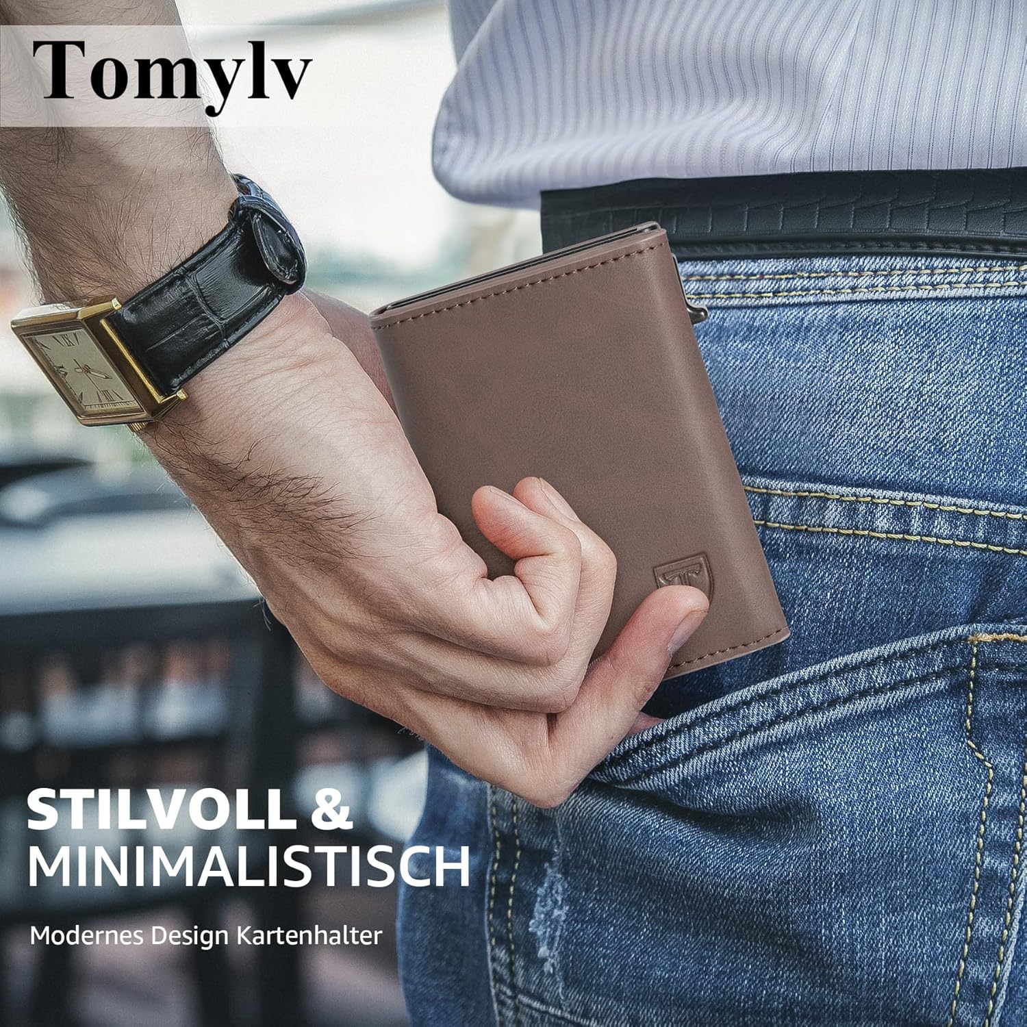 Detalle de Tomylv Geldbörse Herren – RFID‑Schutz, Pop-up Kartenetui mit Magnetverschluss