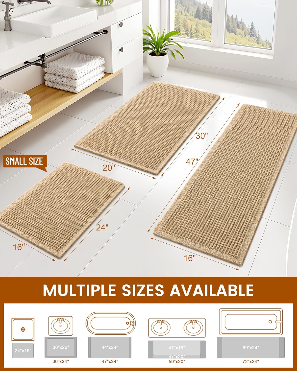 Detalle 2 de Smiry Waffle Bath Mat 72x24: Extra Soft, Absorbent & Non-Slip