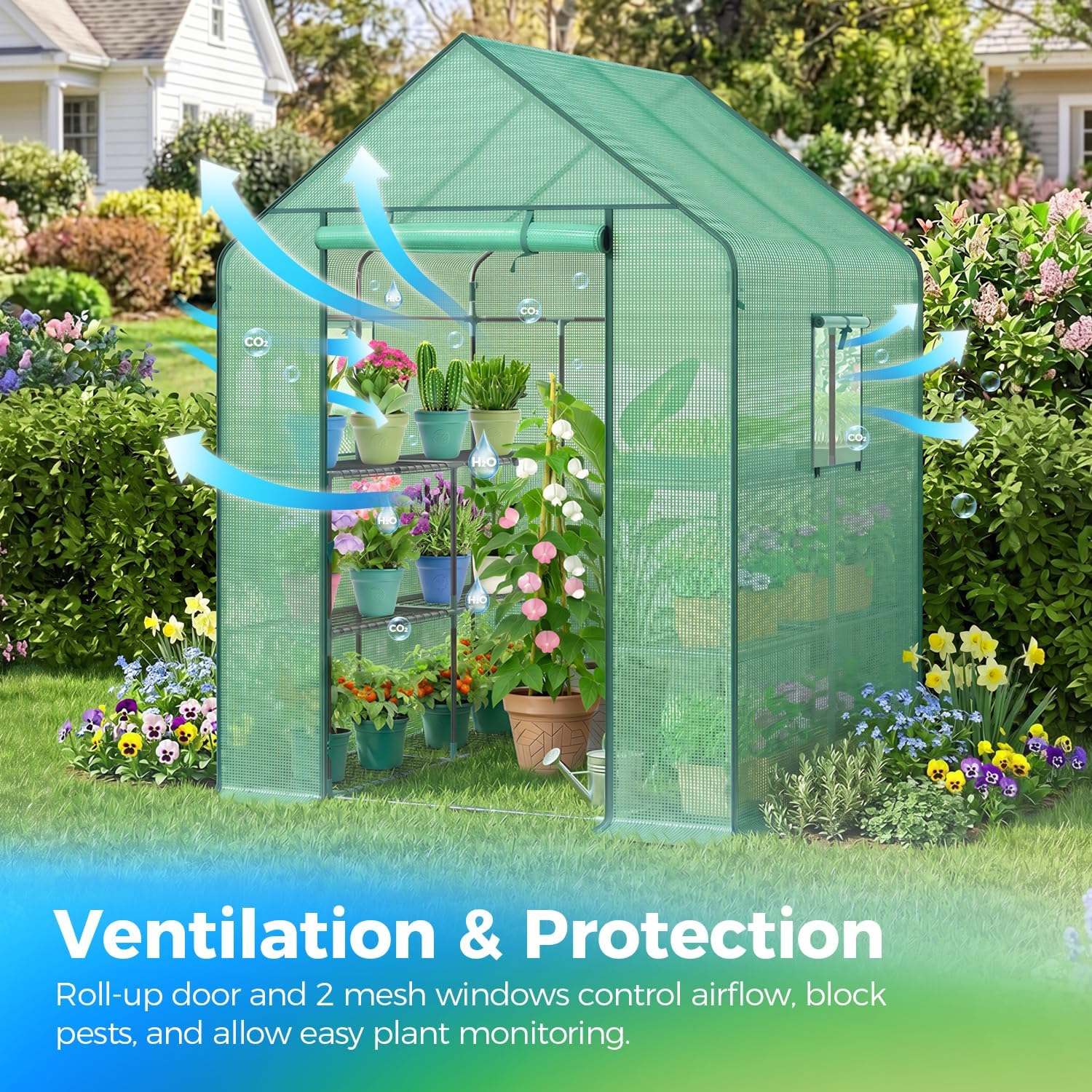 Detalle de Ohuhu Y21-80400-36 Walk-In Greenhouse with PE Cover, 12 Shelves and Screen Windows