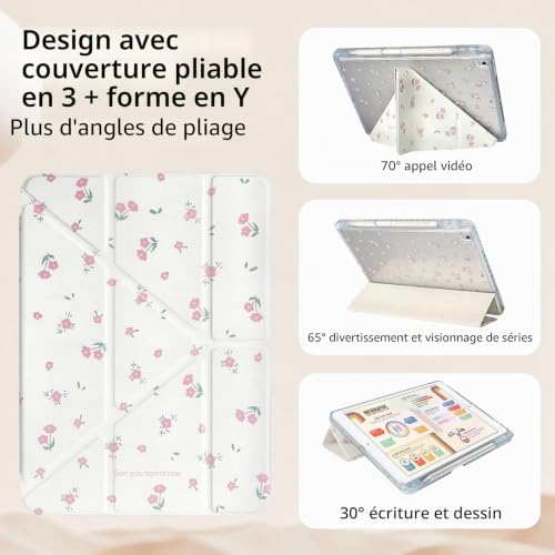 Detalle de Fycyko Étui iPad 11'' (11e Génération, 2022/2025) – design floral, coque TPU souple et porte-stylo, effet camouflage léger