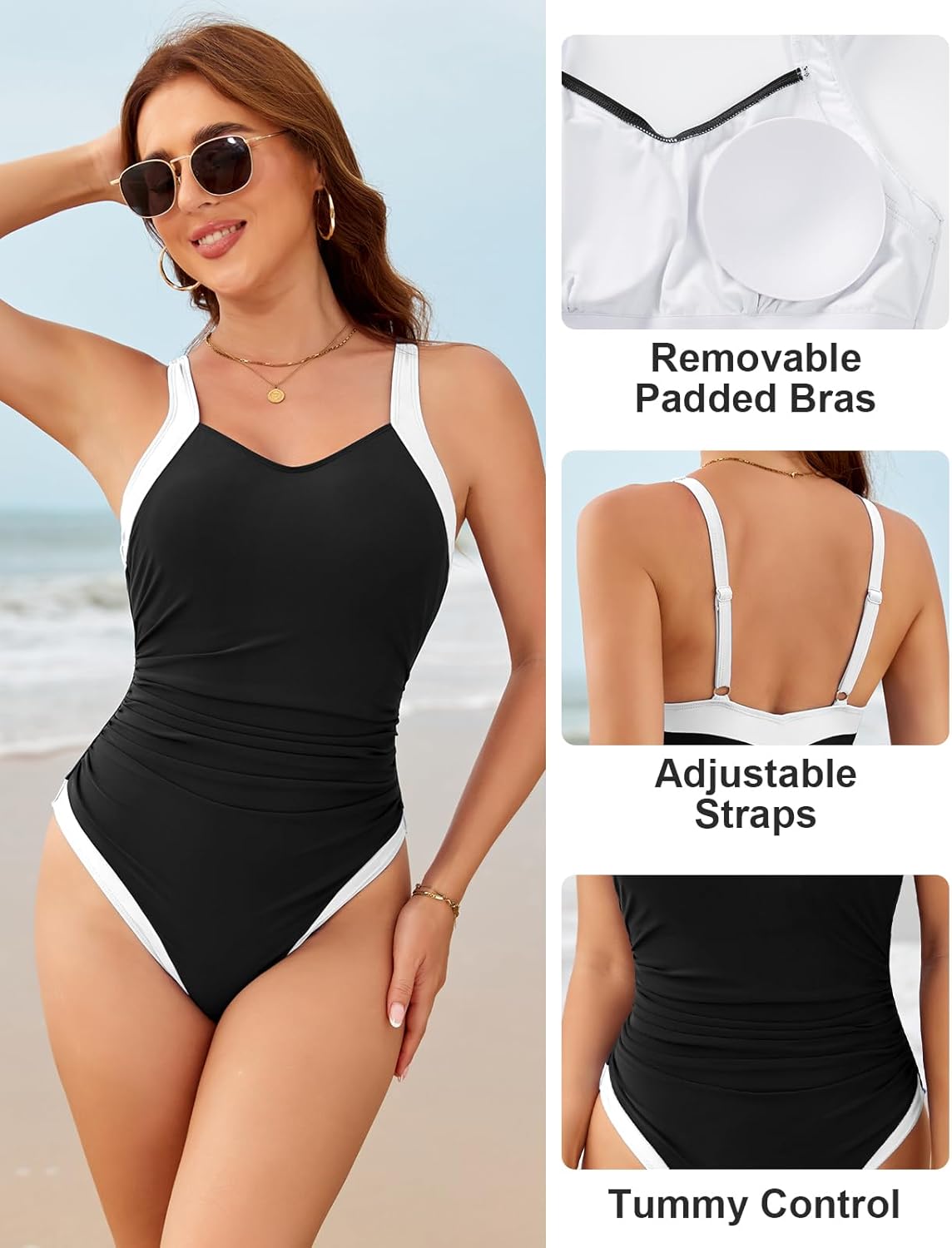 Detalle de Nadeer Bañador Mujer Reductor de Barriga One-Piece con Fruncido y Bloques de Color – Negro-Blanco, Talla S a XXL