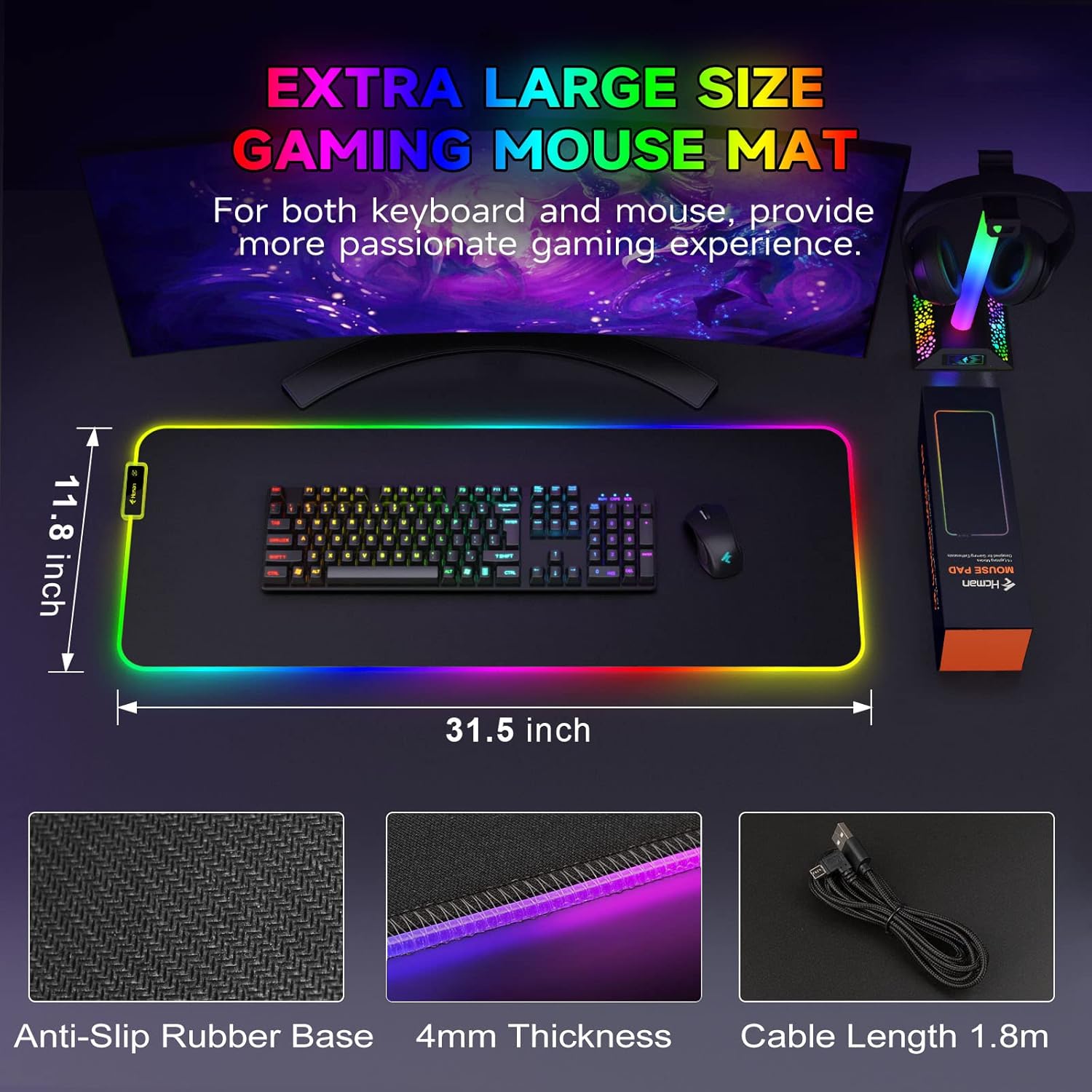 Thumbnail 3 de Hcman RGB Gaming Mouse Mat Pad 800×300×4mm 🖱