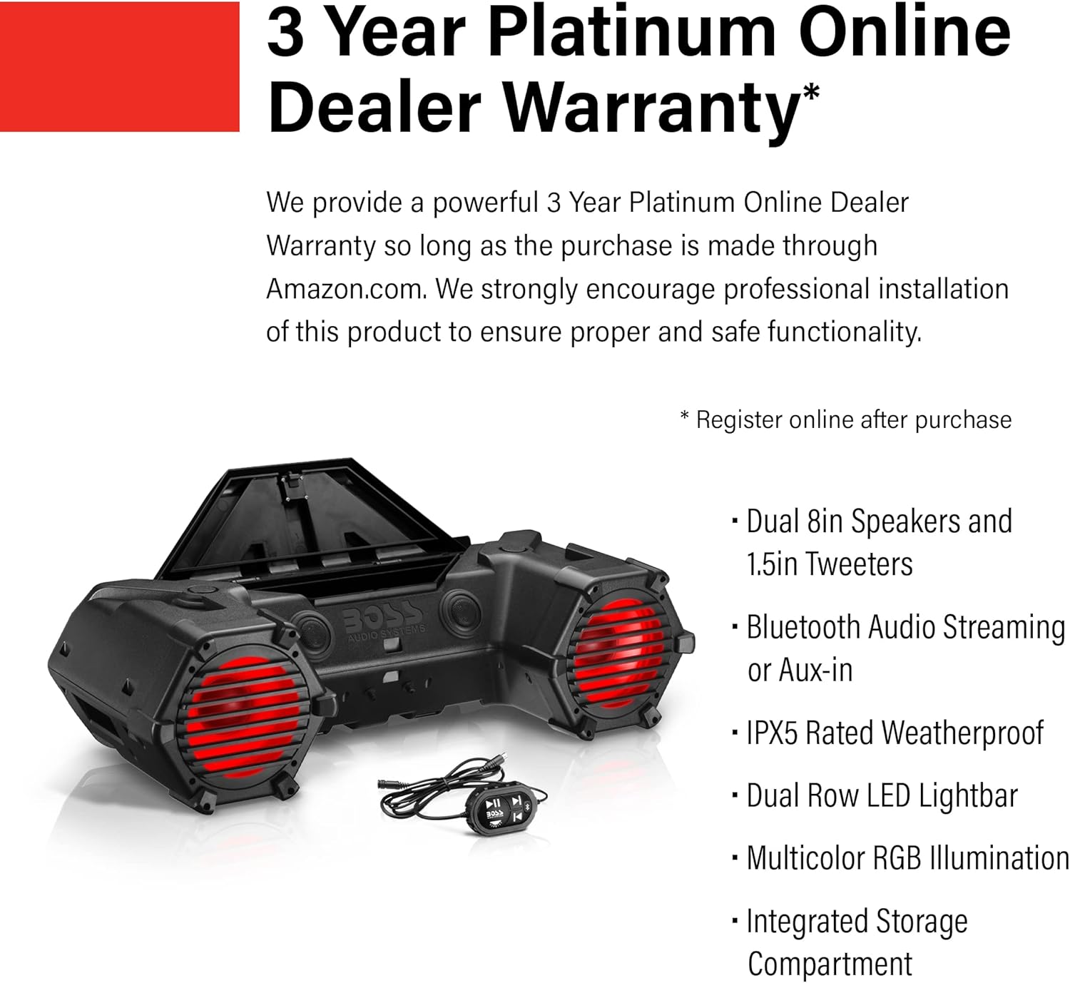 Thumbnail 1 de BOSS Audio Systems ATV95LRGB ATV/UTV Weatherproof Sound System with RGB LED Light Bar, Bluetooth Remote & 8-Inch Speakers