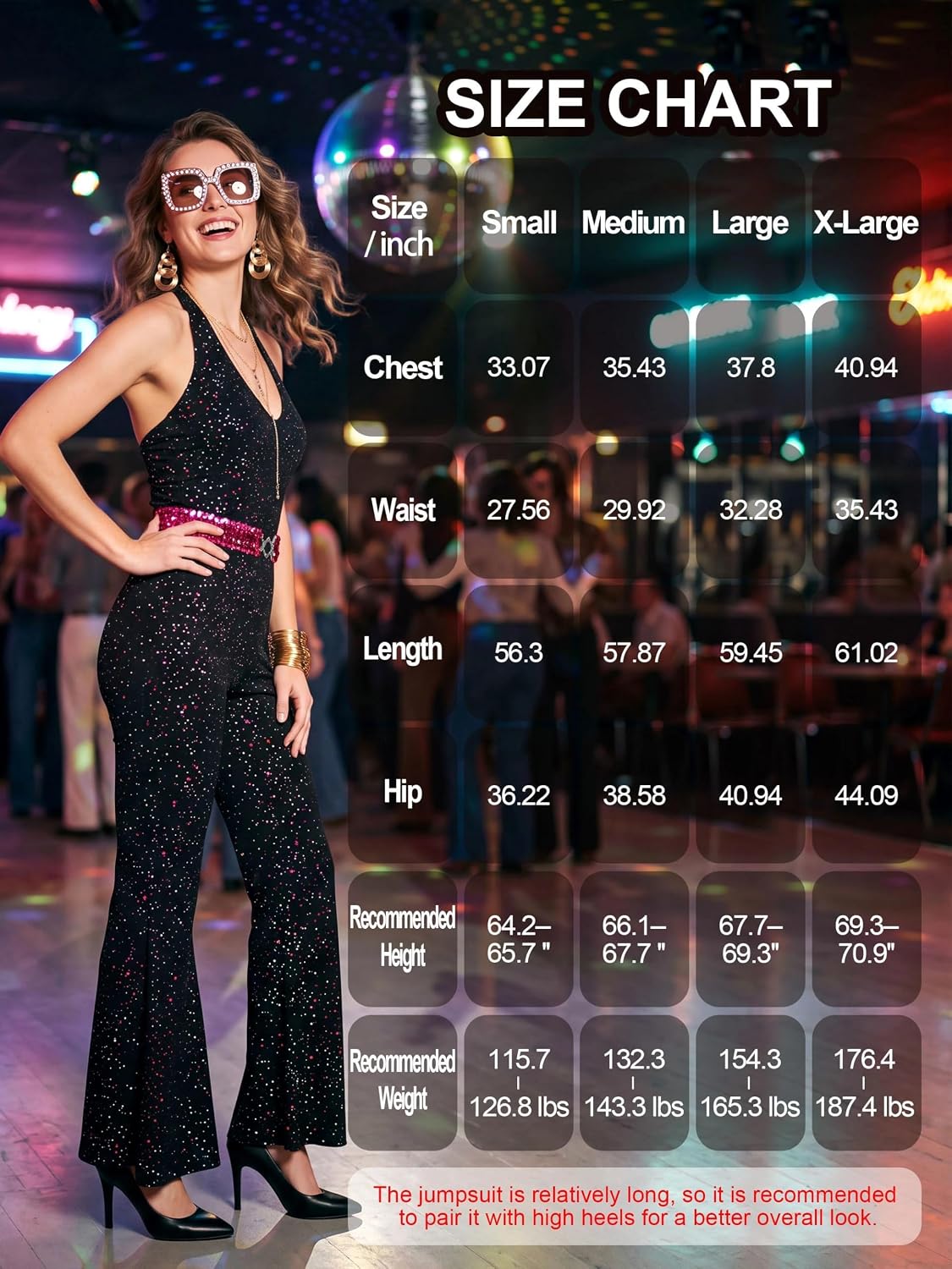 Detalle 2 de SOMSOC 70s Disco Jumpsuit Costume Set with Sequin Flared Legs and Accessories
