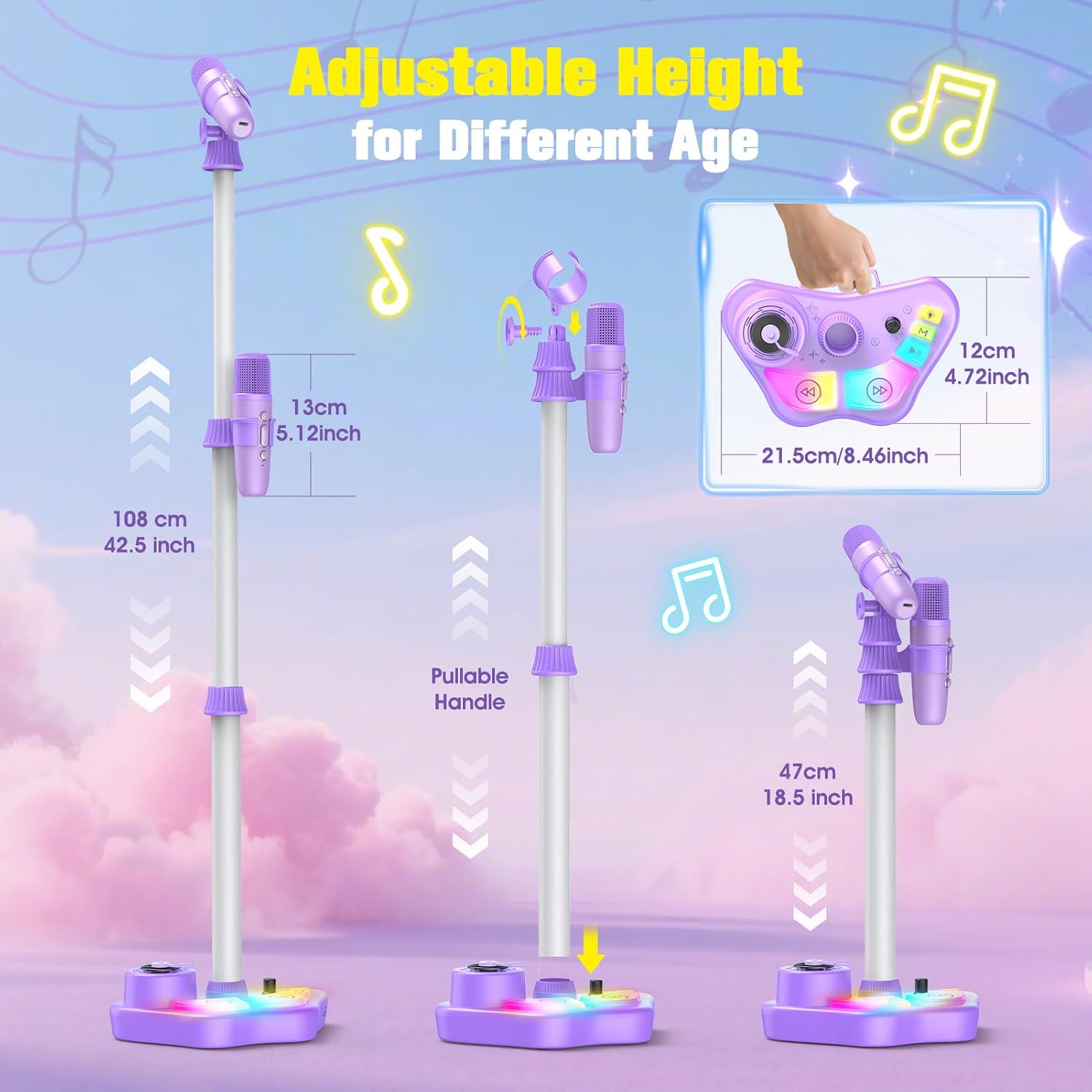 Detalle de Kids Karaoke Machine with Child Stand, Rechargeable Mic & Dual Wireless Microphones (LED Lights, Bluetooth)