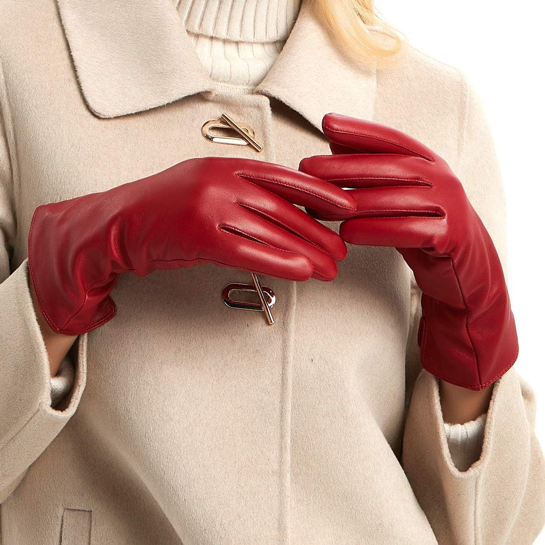 Detalle de MGGMOKAY Damen Lederhandschuhe Kaschmir gefüttert – Weiches Schafsleder mit Touchscreen-Funktion