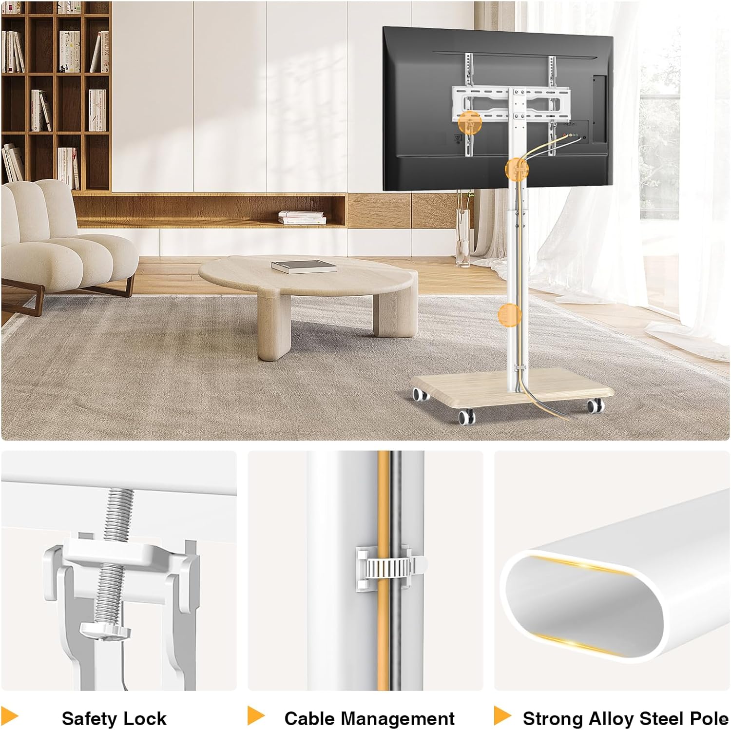 Thumbnail 6 de TVON Support TV sur pied à roulettes universel blanc et bois pour téléviseurs 32 à 65 pouces (VESA jusqu’à 400×400 mm)