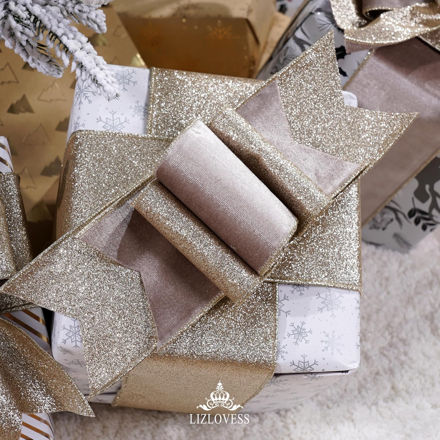 Detalle 2 de LIZLOVESS Taupe Velvet Wired Ribbon, 4-Inch, Gold Glitter Back, 10 Yards