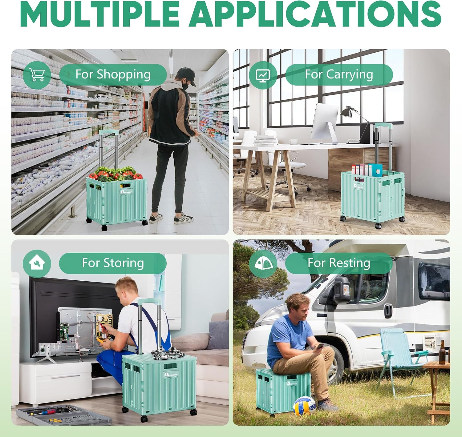 Detalle 2 de Dkenicor Folding Utility Cart, Cyan, 65L with Telescoping Handle and Swivel Wheels