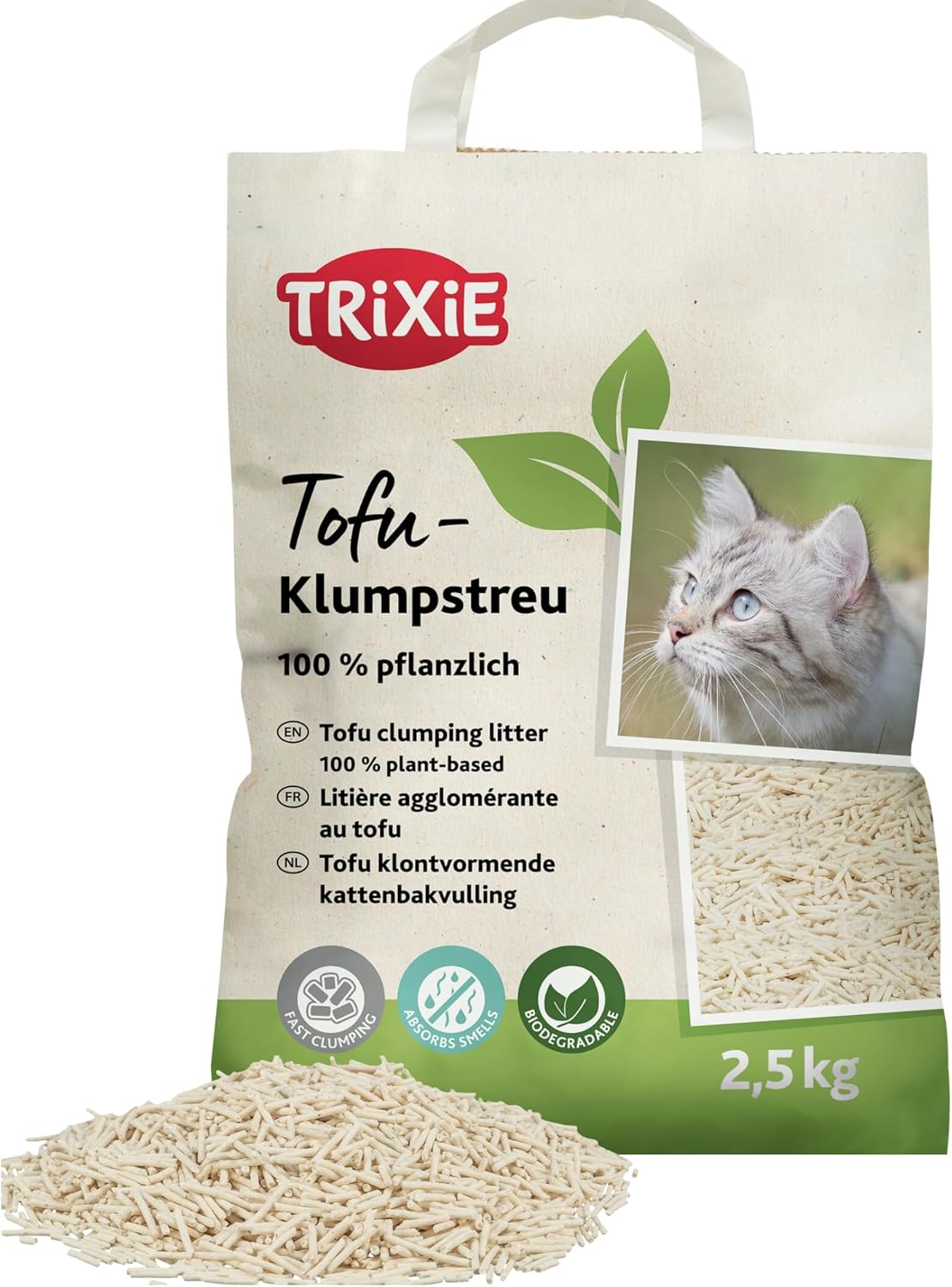 Trixie Tofu-Klumpstreu 2,5 kg – staubarmes, geruchsneutralisierendes und biologisch abbaubares Katzenstreu für Katzentoiletten