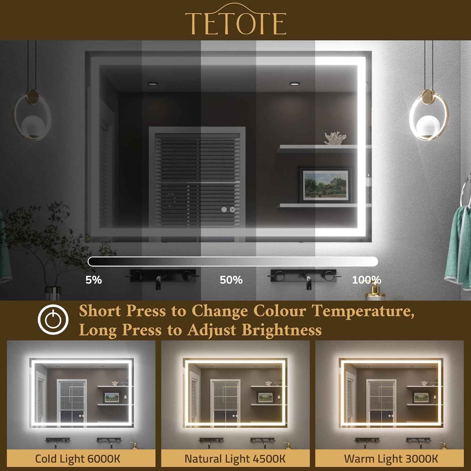 Thumbnail 3 de TETOTE Badspiegel mit Beleuchtung 100x80 cm – LED Spiegel mit Anti-Beschlag, 3 Lichtfarben & Touch-Dimmer