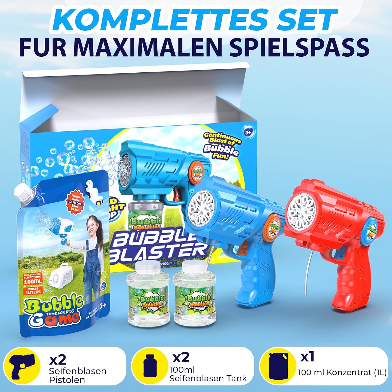 Detalle de Blubbel Seifenblasenpistole Set 2X: LED-Seifenblasenmaschine mit 100 ml Tank pro Pistole
