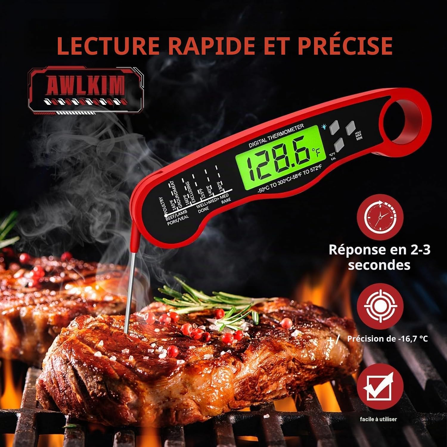 Detalle de AWLKIM digitale vleesthermometer met inklapbare sonde, LCD en magneet