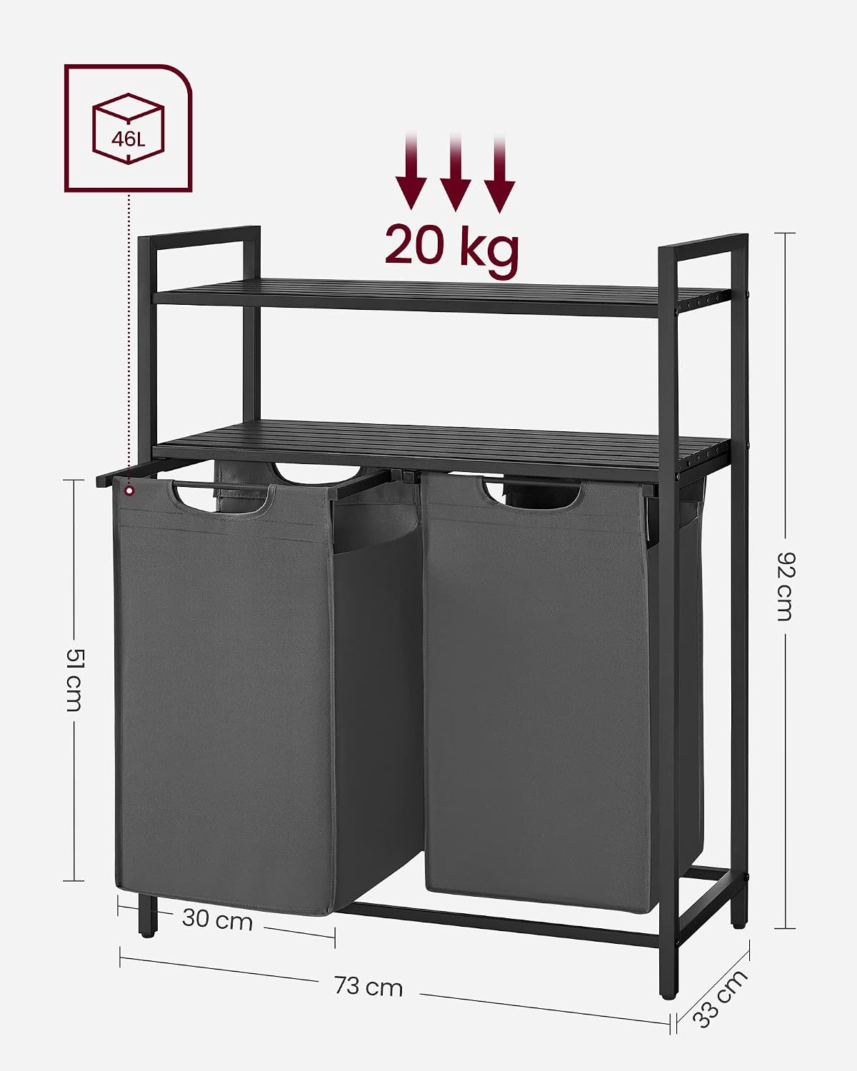 Detalle 2 de VASAGLE BLH211G01 Laundry Basket, 92L with Two Compartments and Shelves