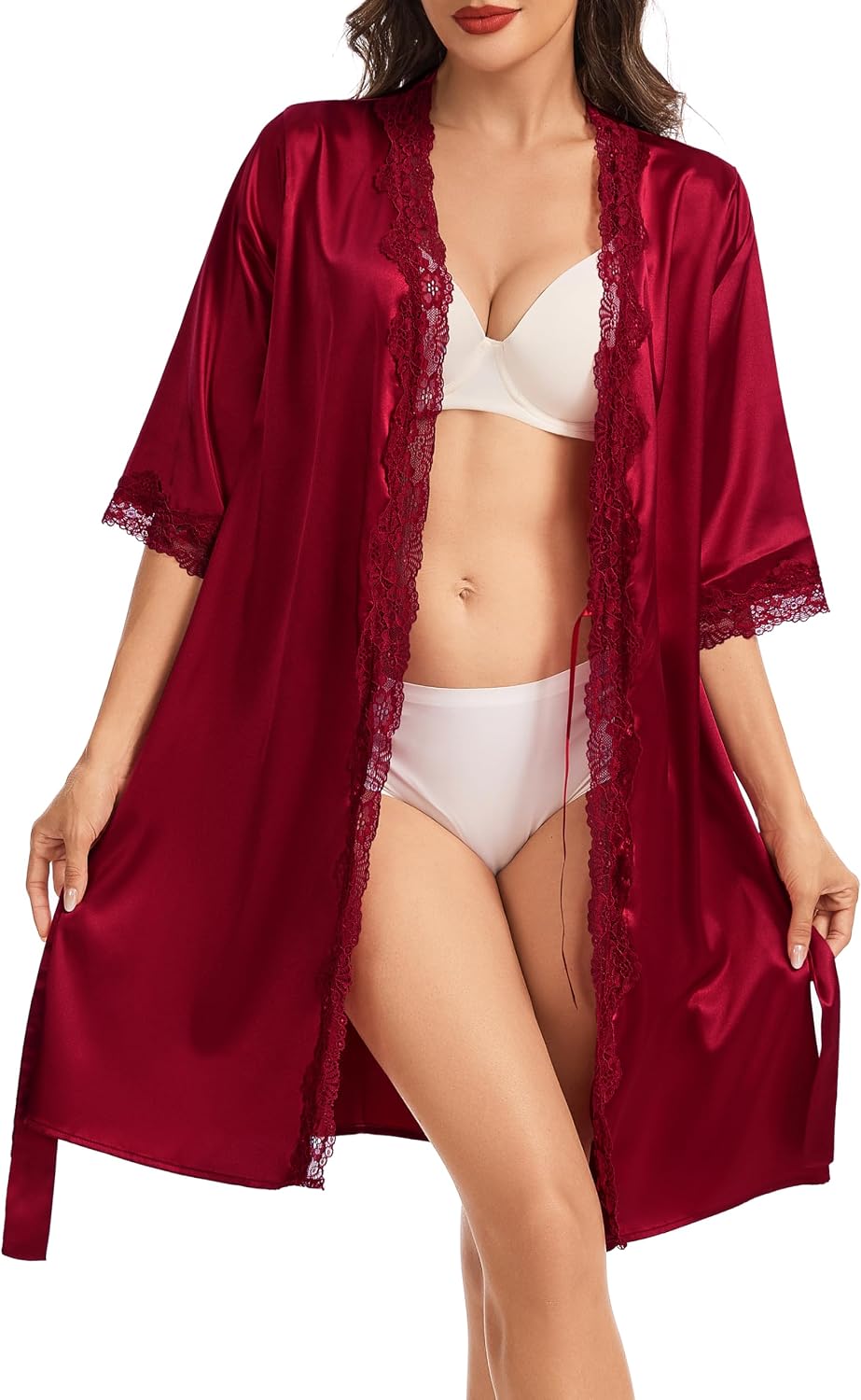 Detalle de Lovasy Peignoir Satin Court en Dentelle – Élégance légère pour femme