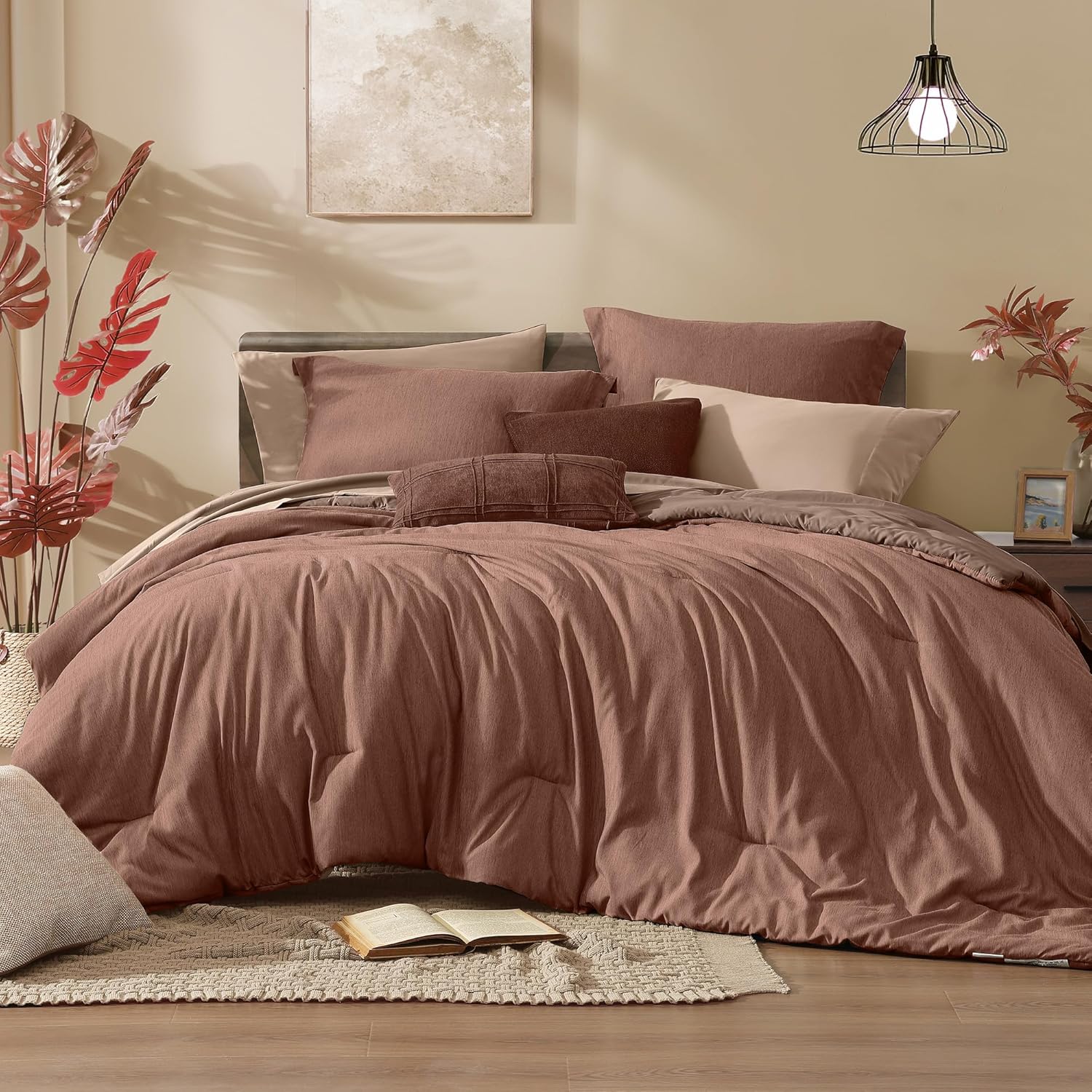 Detalle de Monbix Full Comforter Set, 7 Pieces, Terracotta, Reversible All-Season Bedding