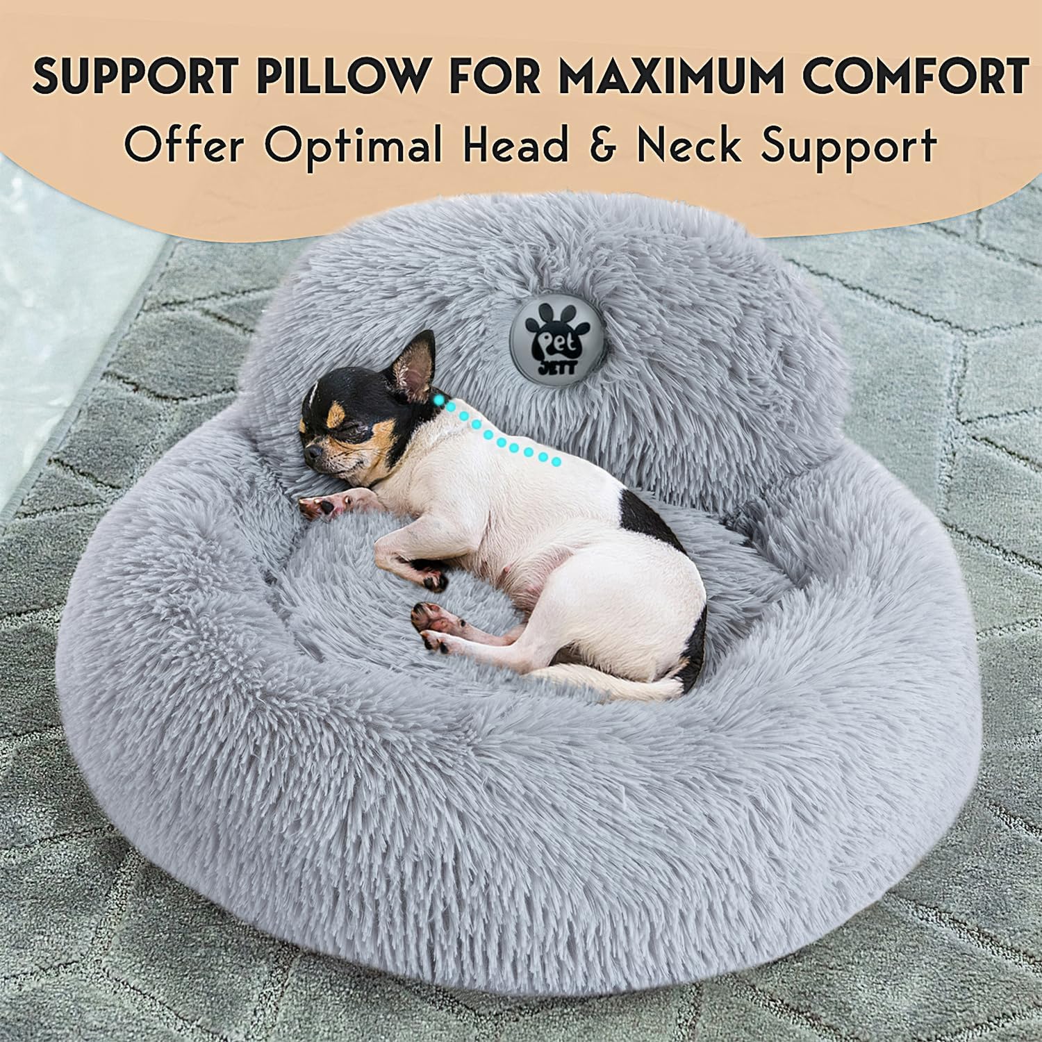 Thumbnail 1 de PetJett Small Dog Bed (23-inch Round) – Anti-Slip, Washable Donut Calming Puppy Bed in Bright Gray